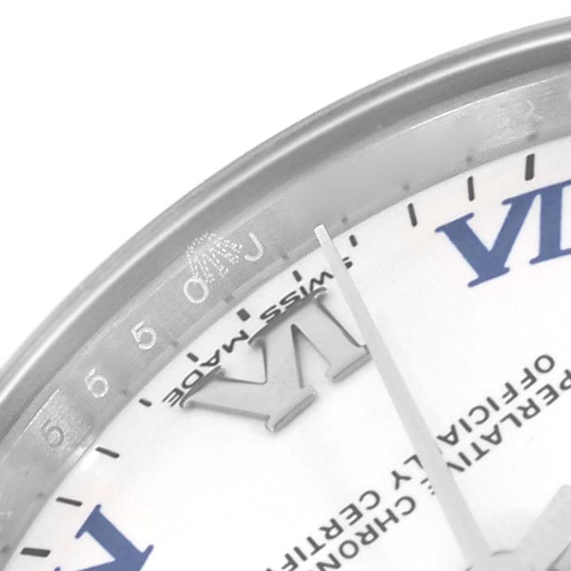 The image shows a close-up of the Rolex Mid-Size 177200 Women's Stainless Steel White Dial 177200 Women's Stainless Steel White Dial watch face, highlighting the hour markers and part of the bezel.