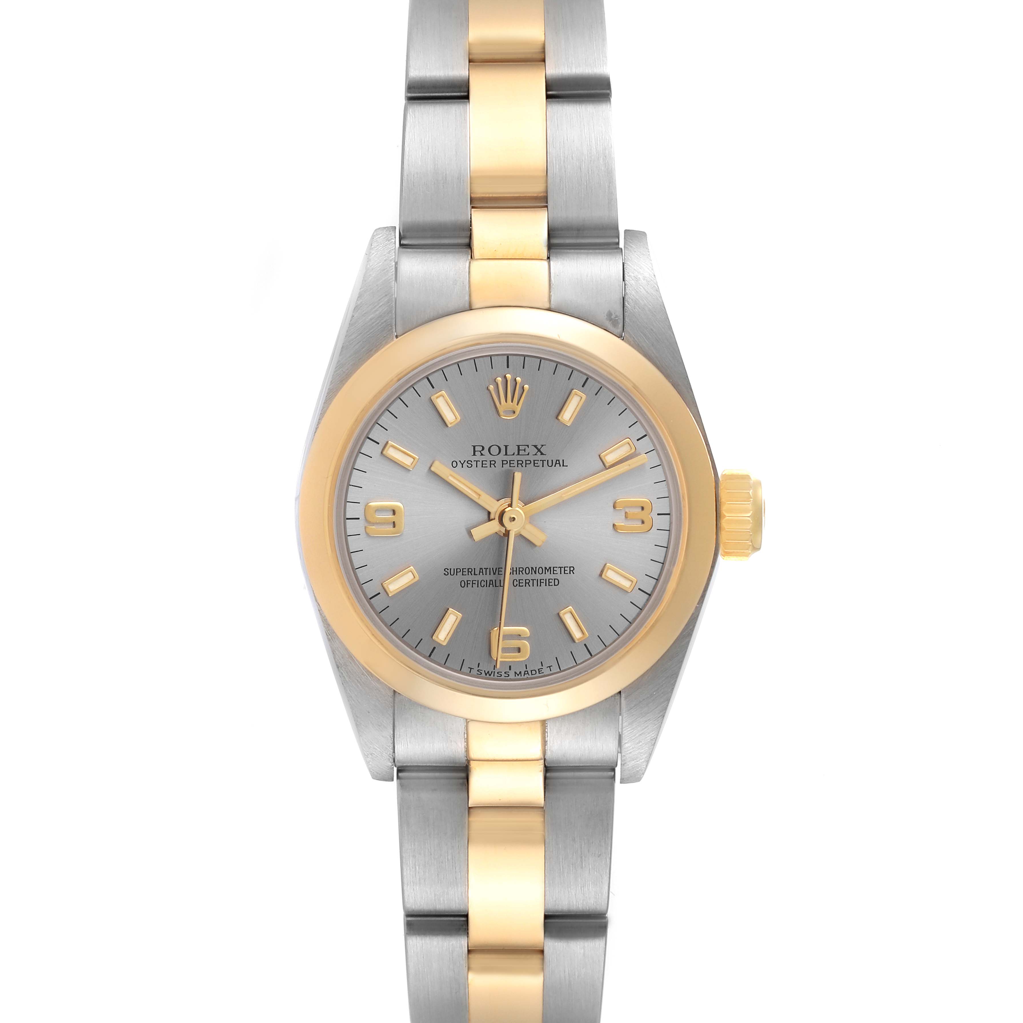 The image shows a Rolex Oyster Perpetual 67183 Women's Steel and Gold (two tone) Grey Dial 67183 Women's Steel and Gold (two tone) Grey Dial watch from a front view, highlighting its silver and gold stainless steel bracelet and bezel.