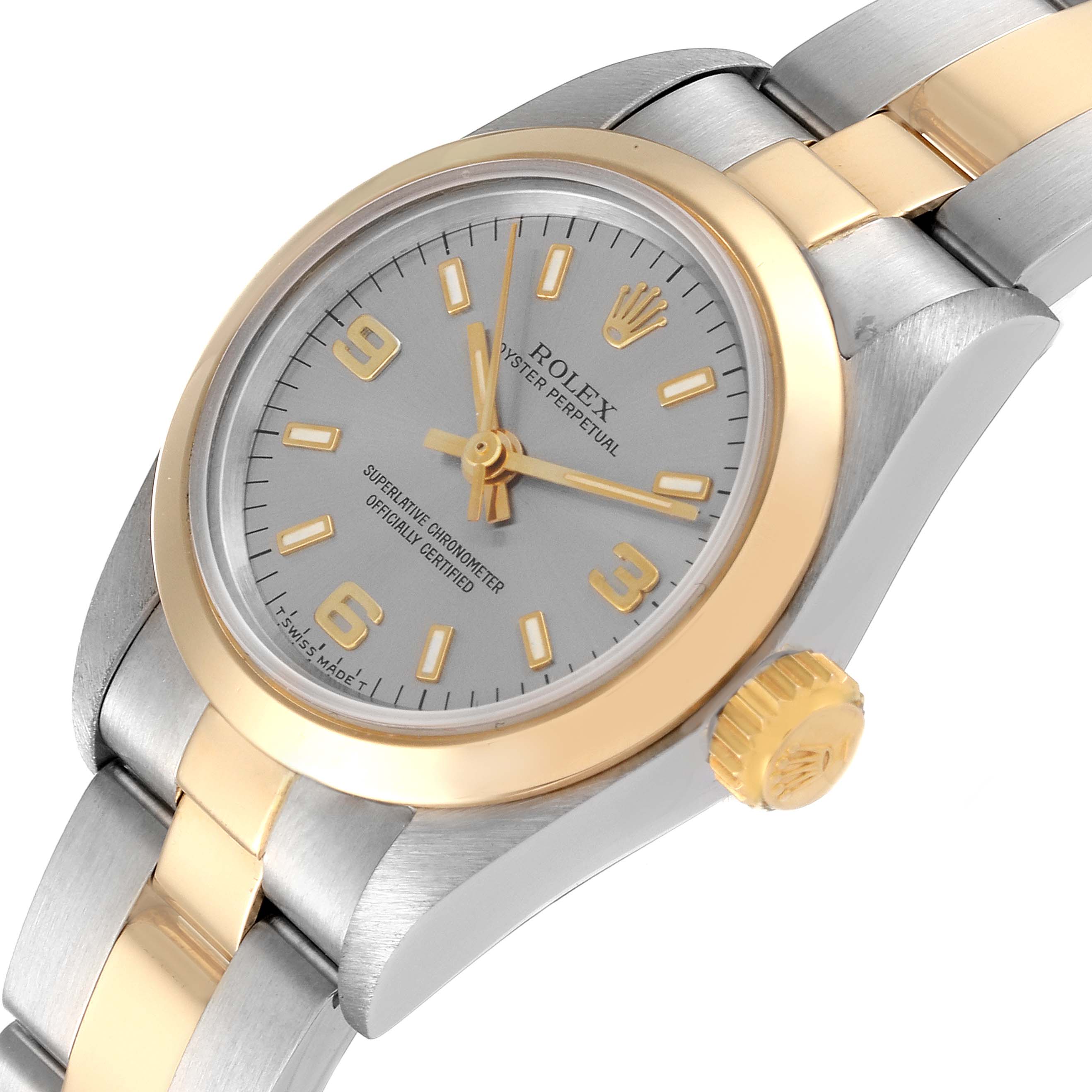 This image shows a close-up angle of the Rolex Oyster Perpetual 67183 Women's Steel and Gold (two tone) Grey Dial 67183 Women's Steel and Gold (two tone) Grey Dial watch, highlighting the face, bezel, crown, and part of the bracelet.