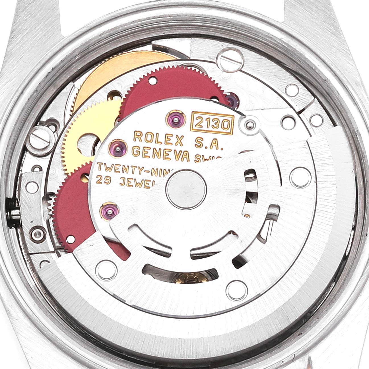 The image shows the internal movement mechanism of the Rolex Oyster Perpetual 67183 Women's Steel and Gold (two tone) Grey Dial 67183 Women's Steel and Gold (two tone) Grey Dial watch model, viewed from the back.