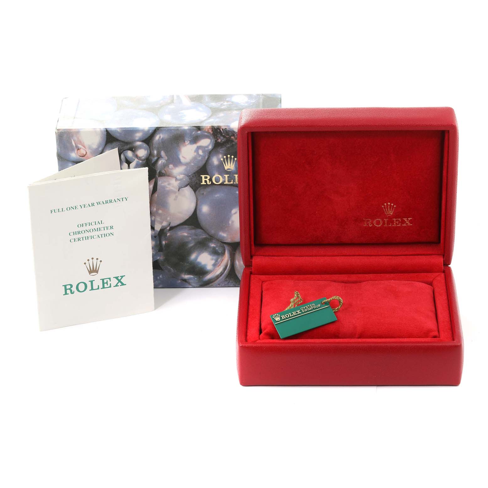 The image shows a red Rolex Oyster Perpetual 67183 Women's Steel and Gold (two tone) Grey Dial 67183 Women's Steel and Gold (two tone) Grey Dial watch box, warranty card, and a certification booklet.