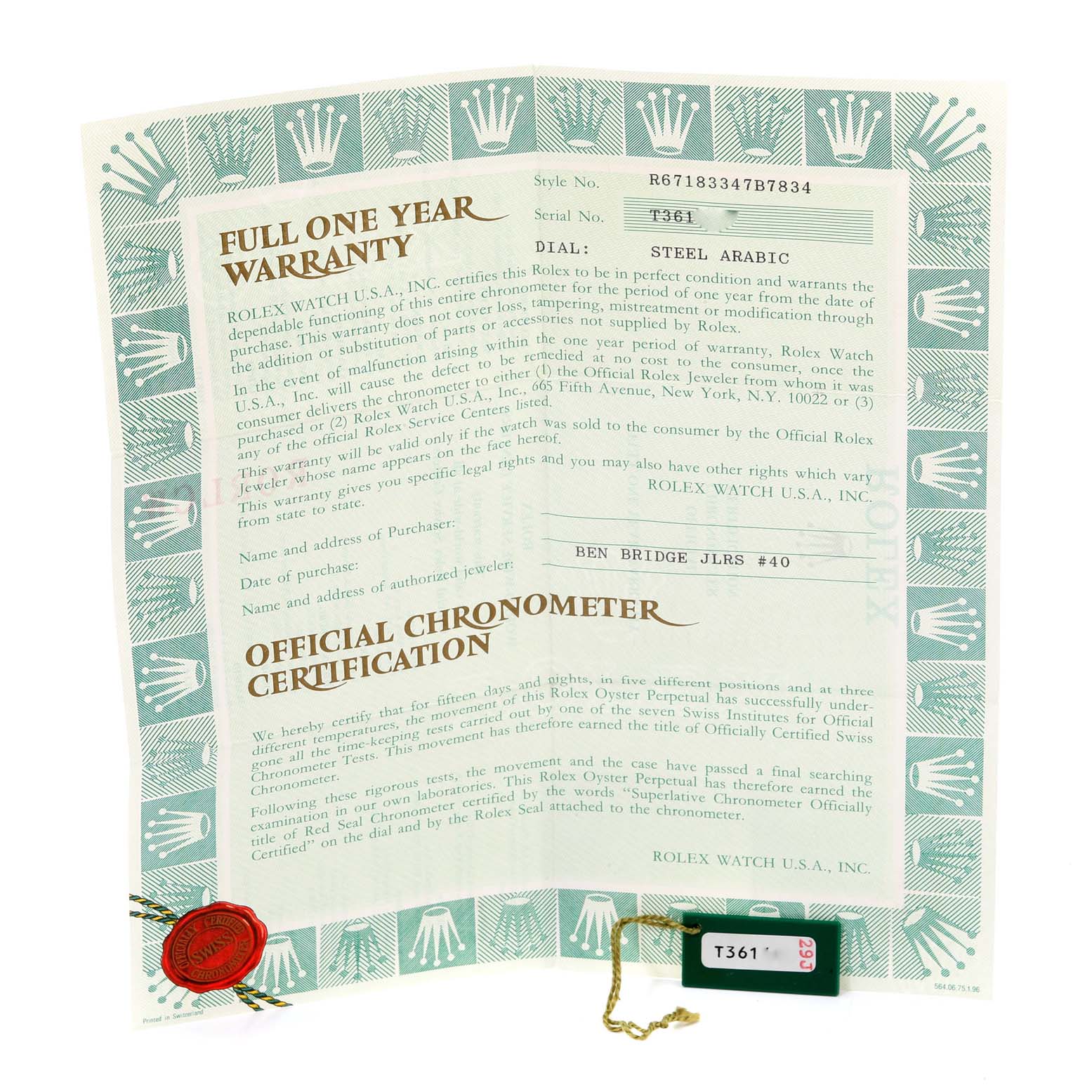 The image shows the warranty card and certification documents for a Rolex Oyster Perpetual 67183 Women's Steel and Gold (two tone) Grey Dial 67183 Women's Steel and Gold (two tone) Grey Dial watch.