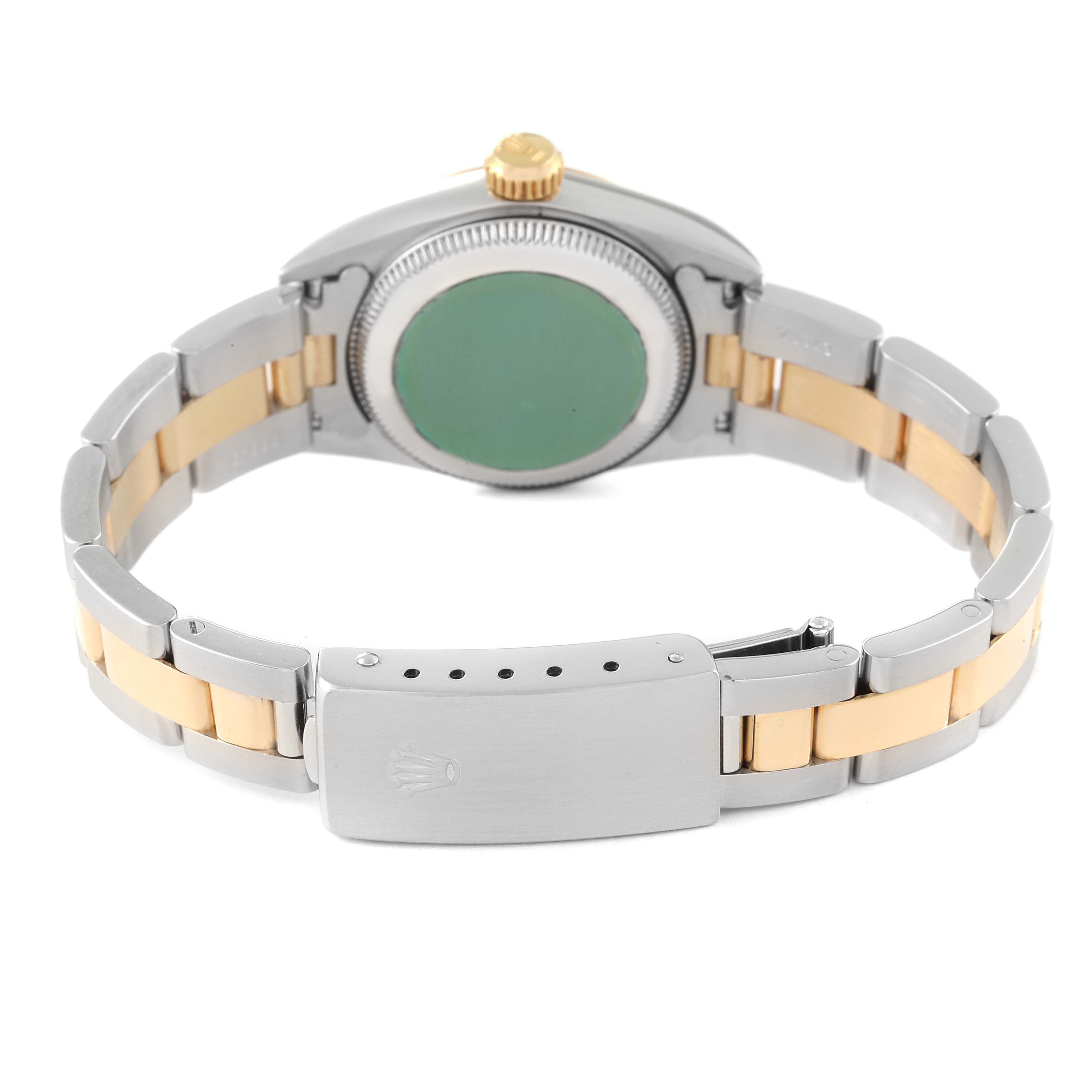 This image shows the back view of a Rolex Oyster Perpetual 67183 Women's Steel and Gold (two tone) Grey Dial 67183 Women's Steel and Gold (two tone) Grey Dial watch, highlighting its bracelet, clasp, and case back.