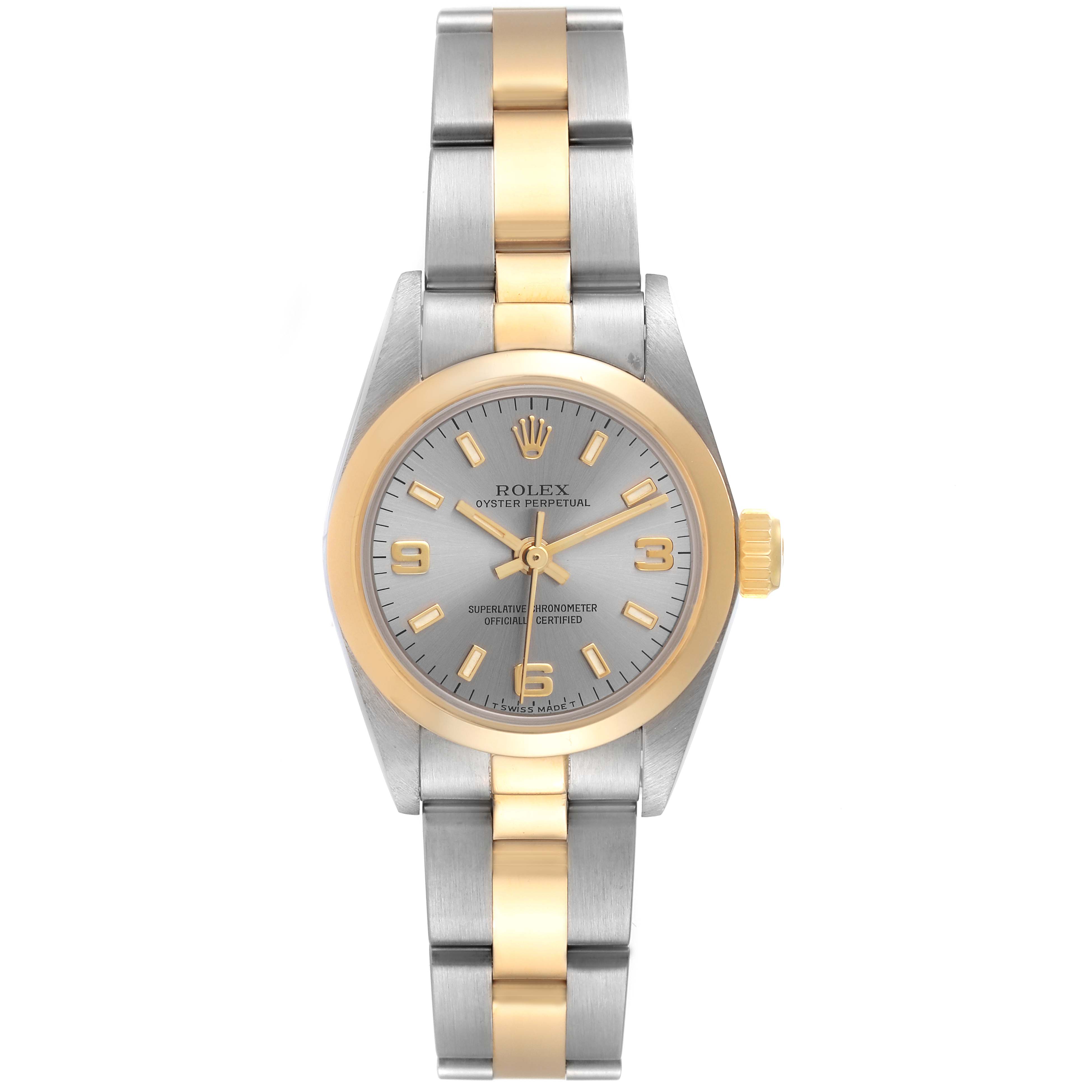 The image shows a front view of the Rolex Oyster Perpetual 67183 Women's Steel and Gold (two tone) Grey Dial 67183 Women's Steel and Gold (two tone) Grey Dial watch featuring a two-tone gold and stainless steel bracelet.