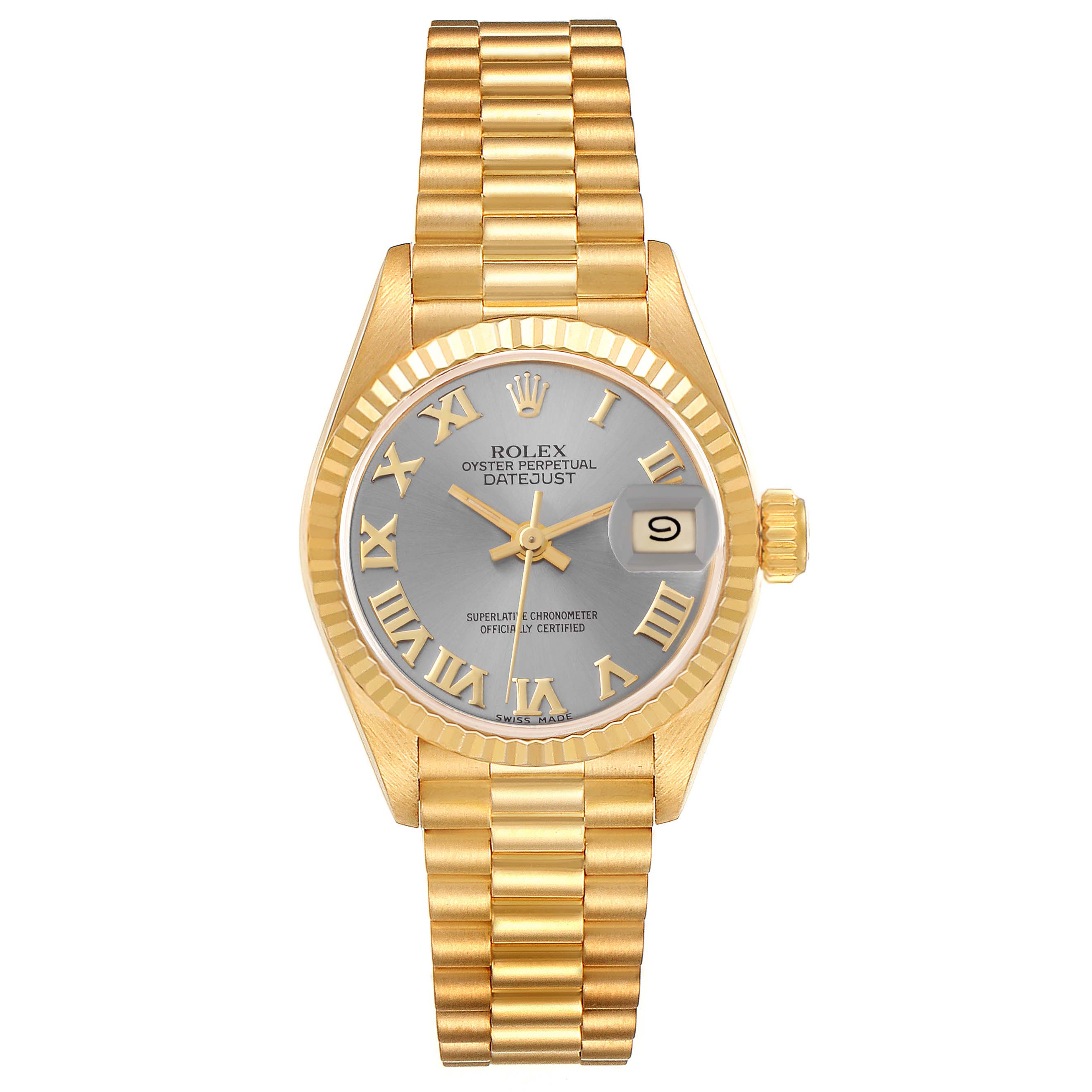 The Rolex President 69178 Women's Yellow Gold Grey Dial 69178 Women's Yellow Gold Grey Dial model watch is shown from the front, displaying the dial, hands, bezel, crown, and bracelet.