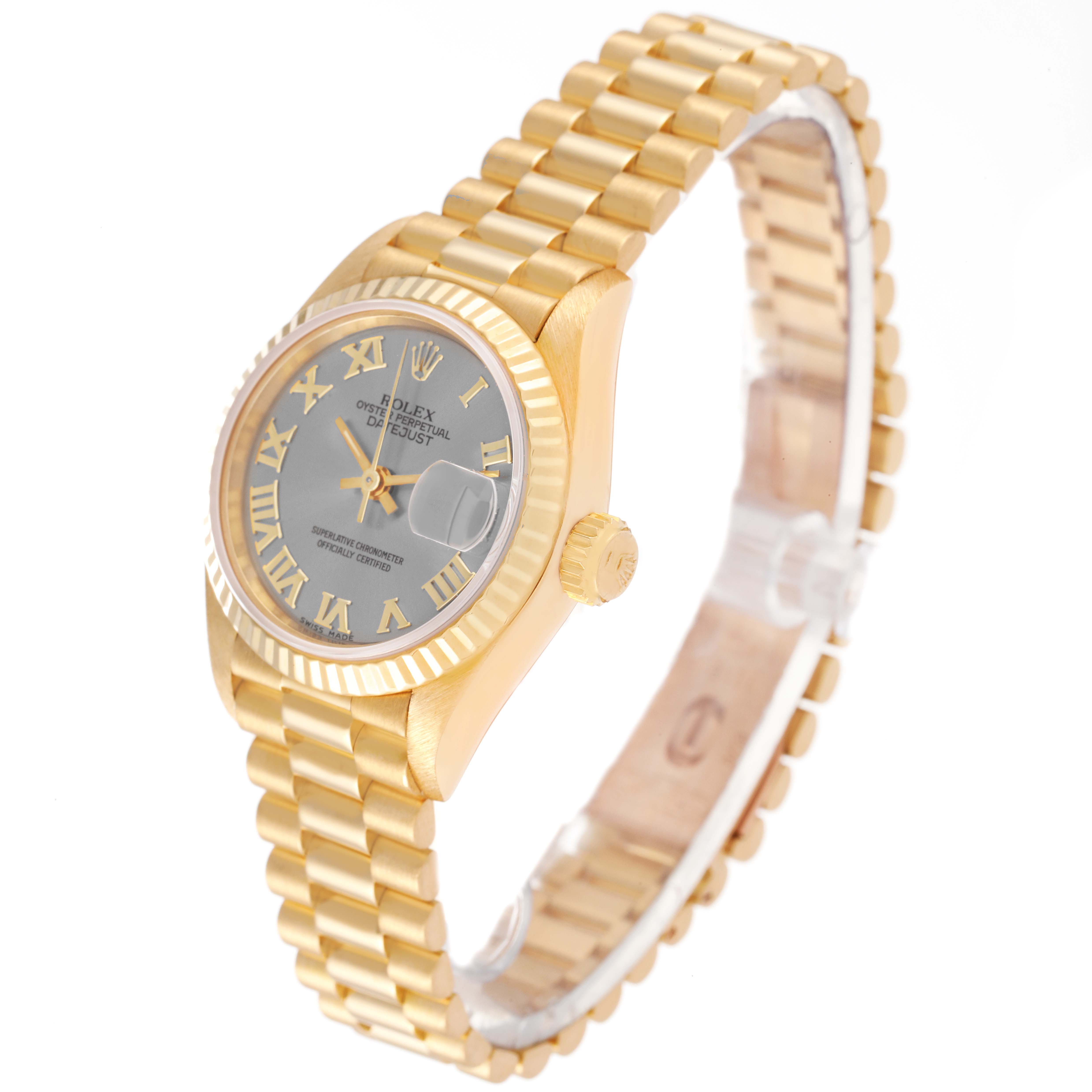 The image shows a Rolex President 69178 Women's Yellow Gold Grey Dial 69178 Women's Yellow Gold Grey Dial model watch at an angle, highlighting its gold case, fluted bezel, crown, and bracelet.