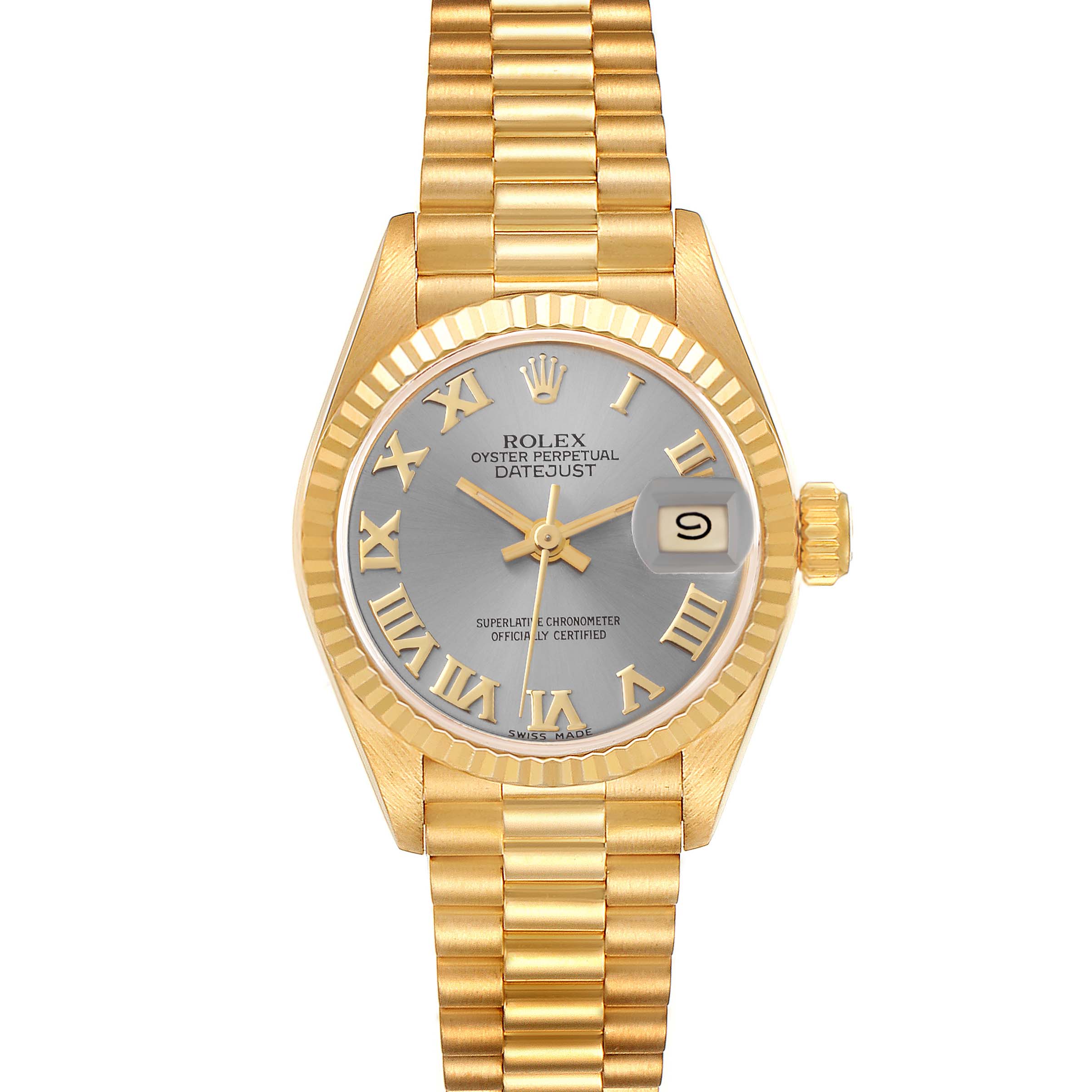 The image shows a frontal view of a Rolex President 69178 Women's Yellow Gold Grey Dial 69178 Women's Yellow Gold Grey Dial model watch, displaying the bezel, dial, hands, date, and bracelet.