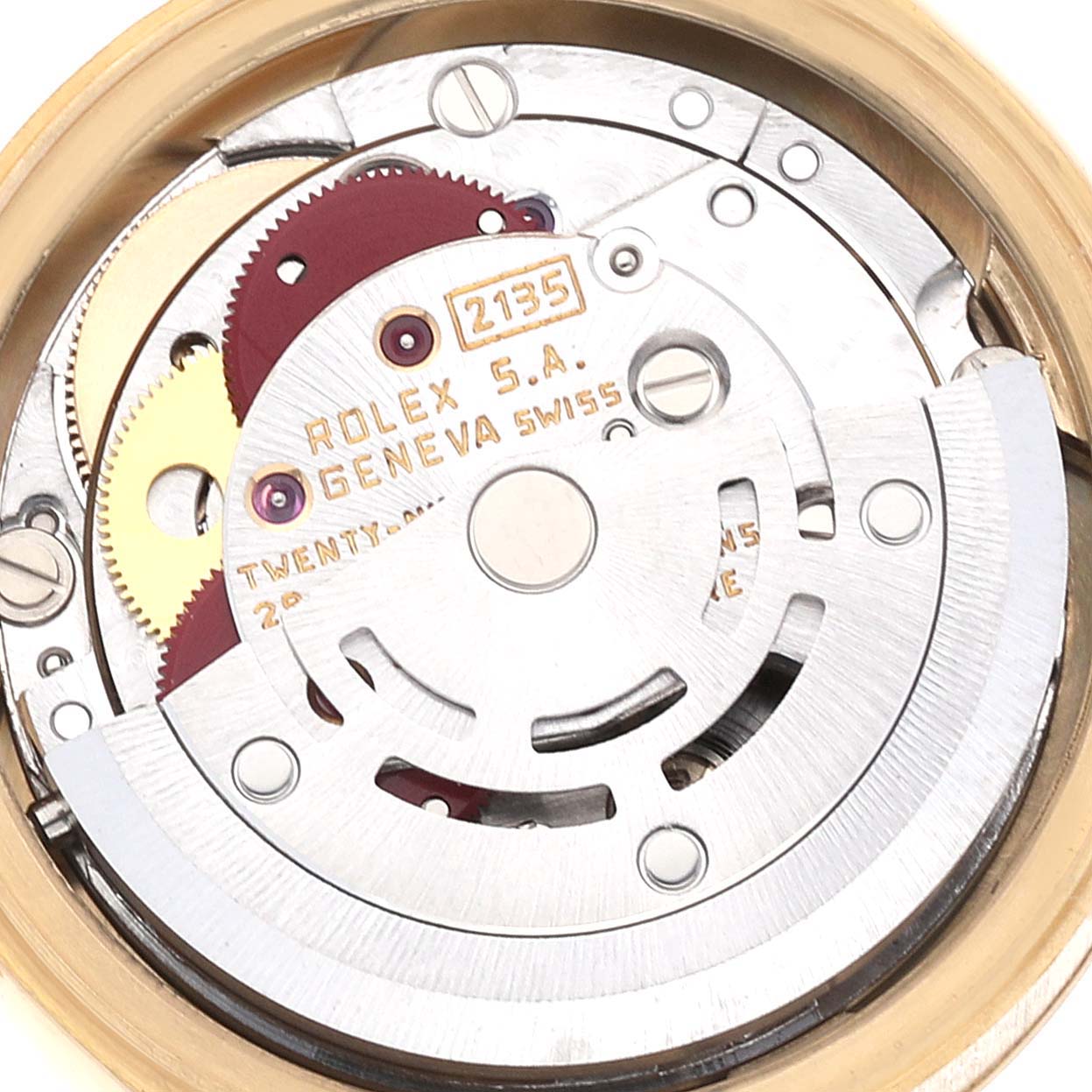 This image shows a close-up view of the movement mechanism inside a Rolex President 69178 Women's Yellow Gold Grey Dial 69178 Women's Yellow Gold Grey Dial watch.
