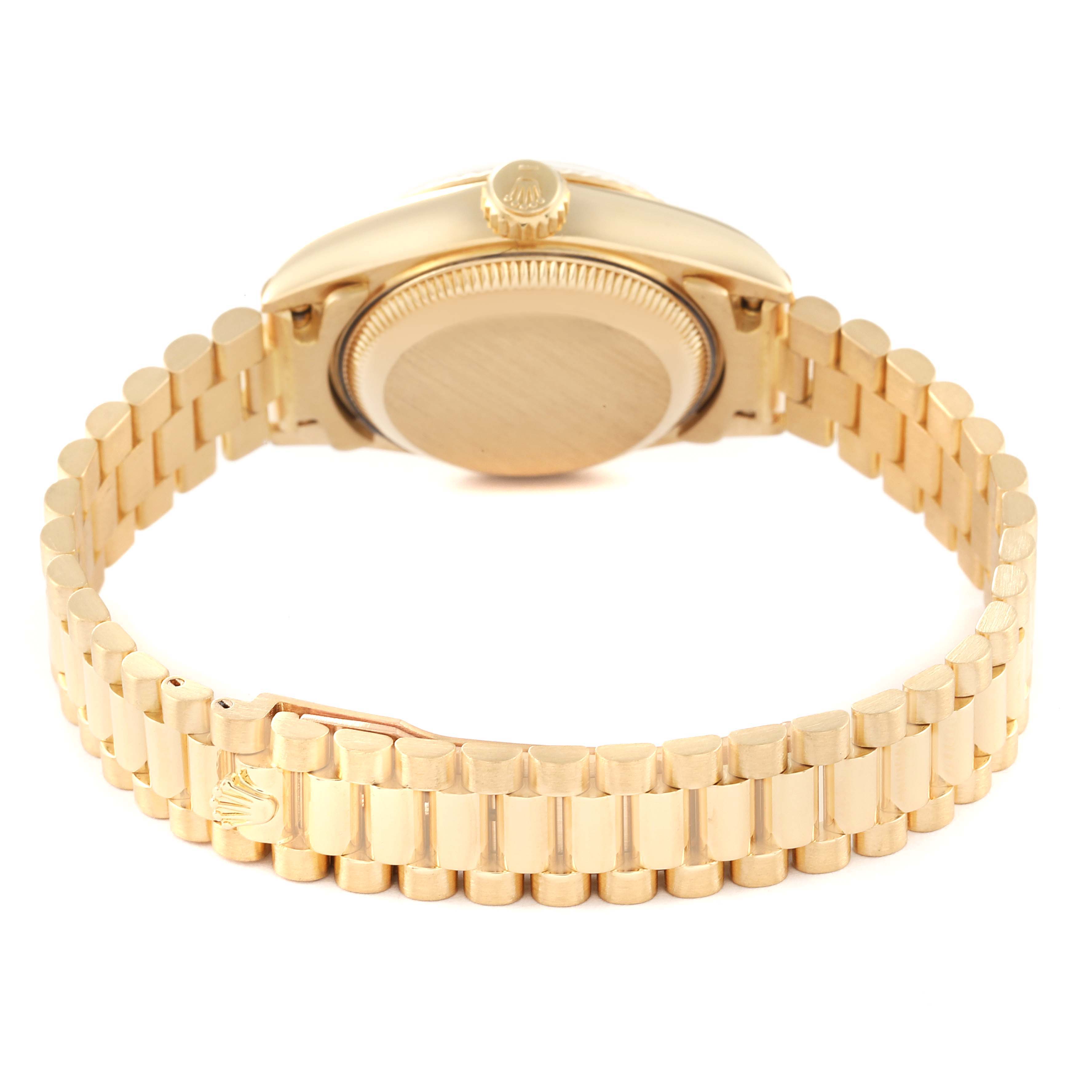 This image shows the back and bracelet of the Rolex President 69178 Women's Yellow Gold Grey Dial 69178 Women's Yellow Gold Grey Dial model watch from a straight-on angle.