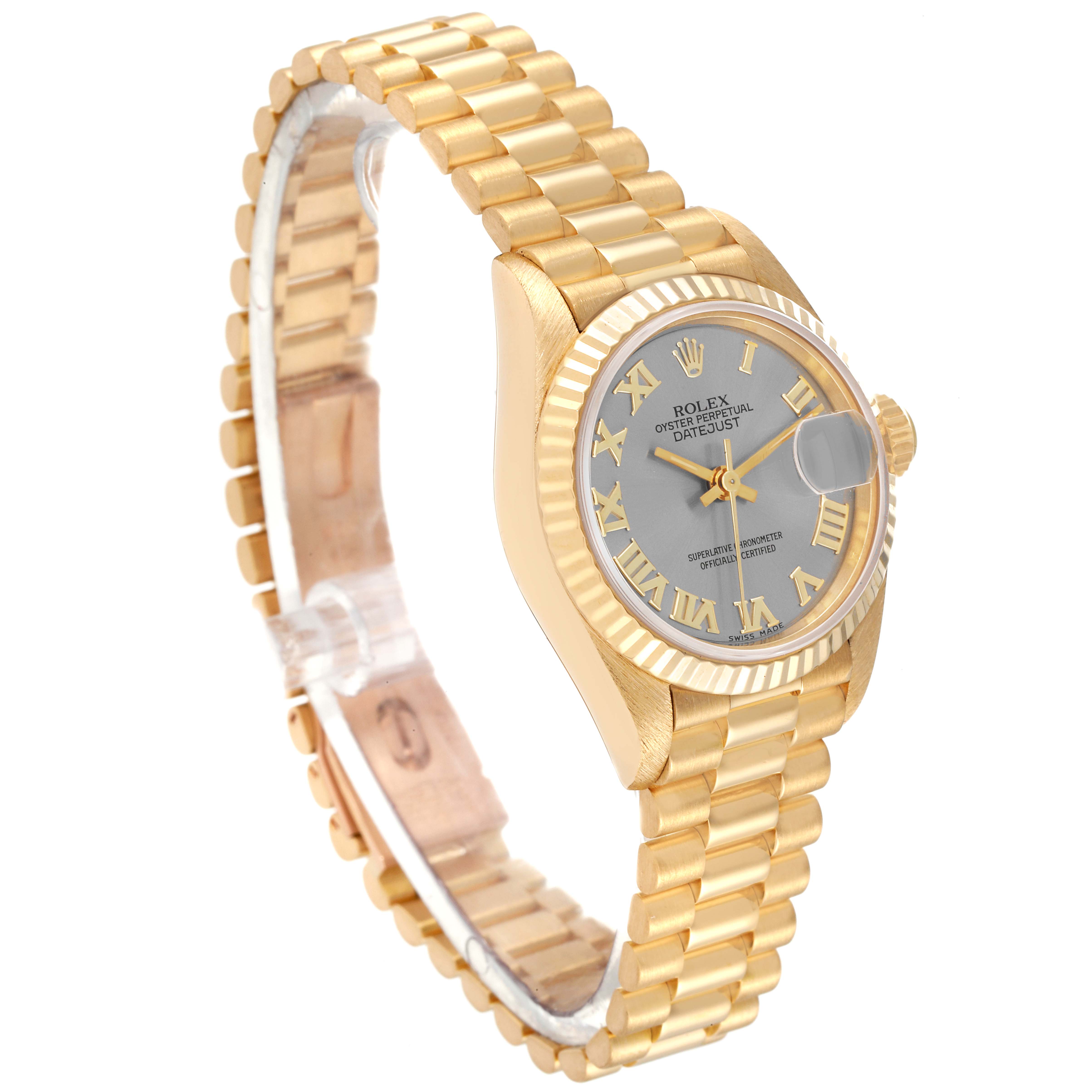 This image shows the Rolex President 69178 Women's Yellow Gold Grey Dial 69178 Women's Yellow Gold Grey Dial model watch at a three-quarter angle, highlighting its face, bracelet, and side profile.