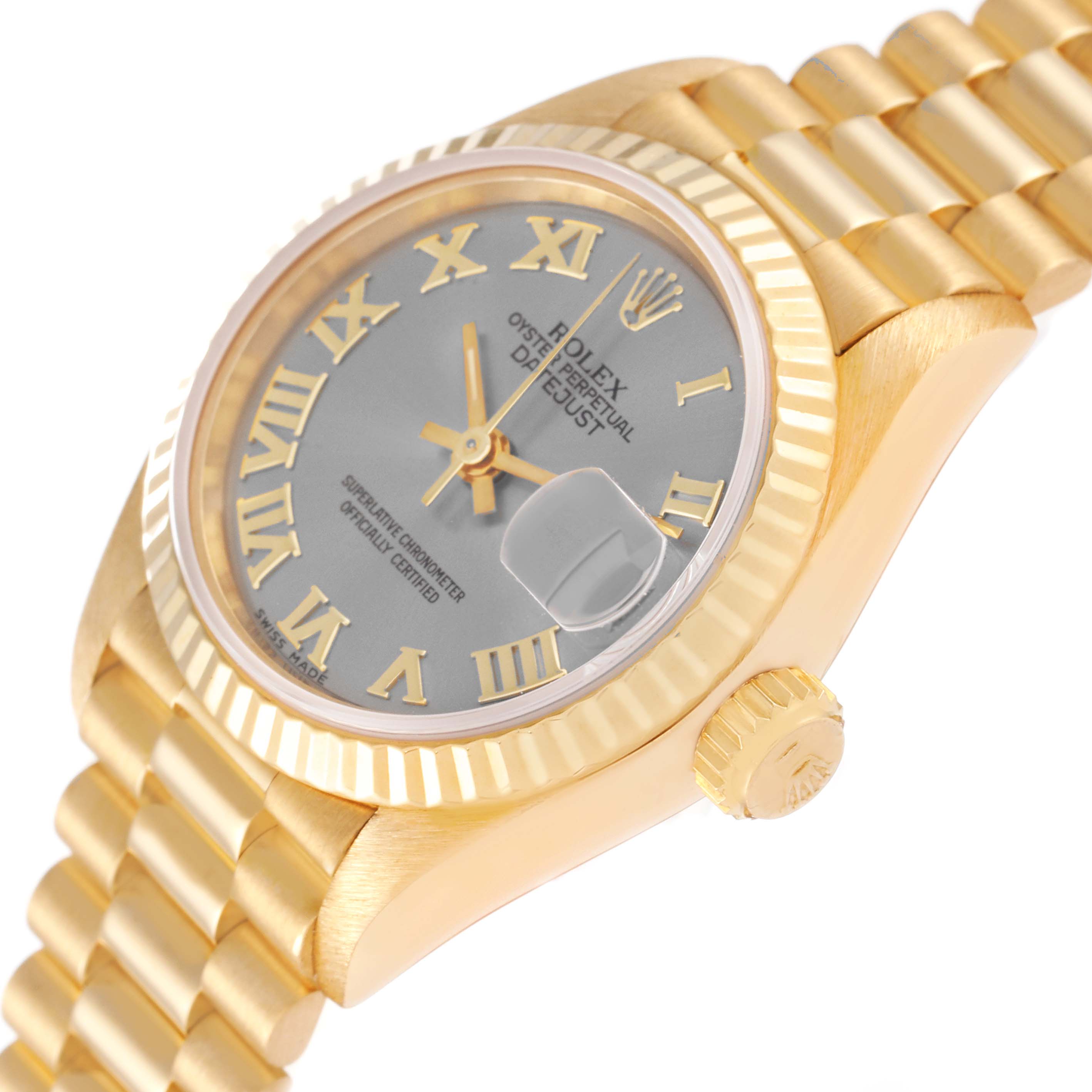 The Rolex President 69178 Women's Yellow Gold Grey Dial 69178 Women's Yellow Gold Grey Dial model watch is shown at a slight angle, highlighting the gold case, crown, bracelet, and gray dial with Roman numerals.
