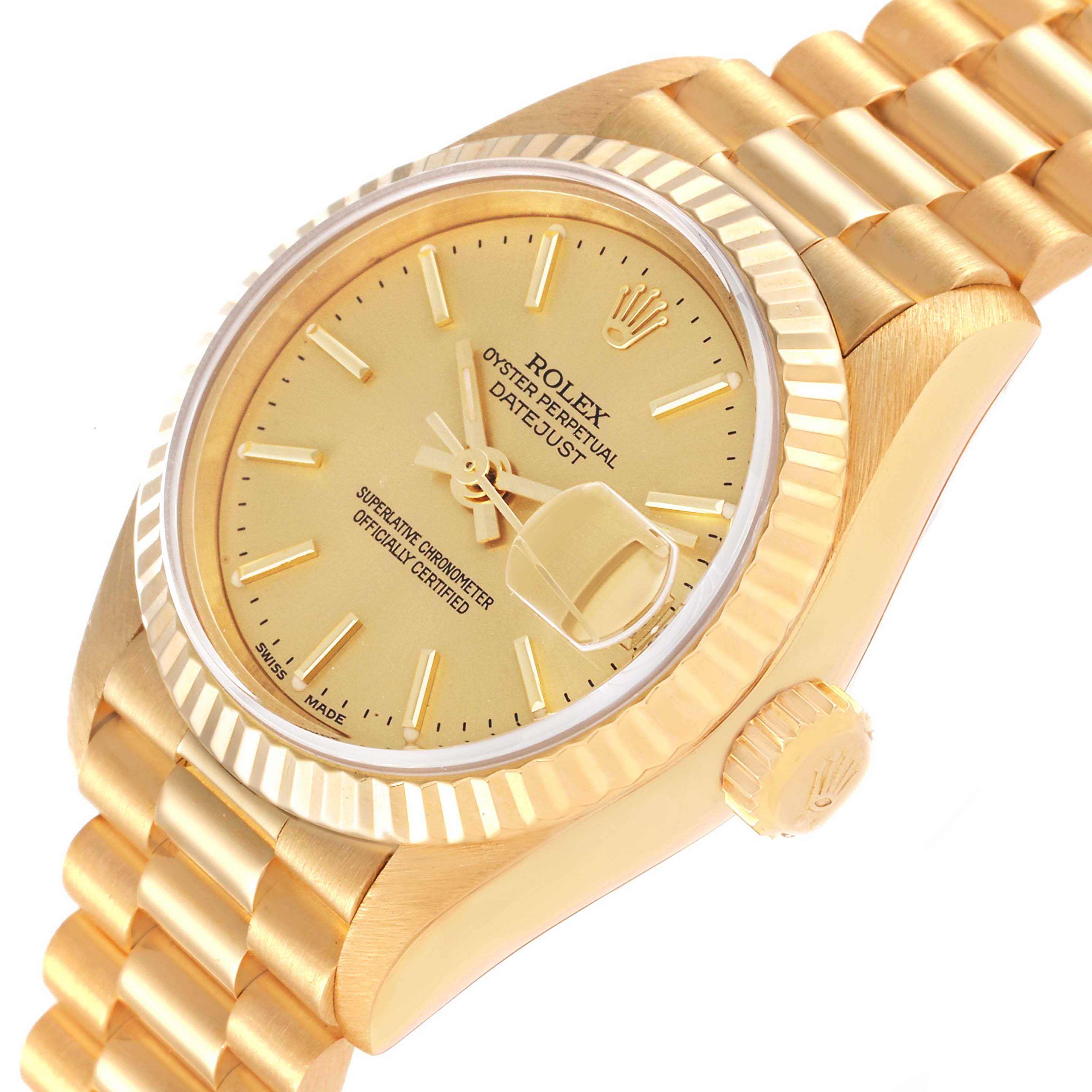 The Rolex President 79178 Women
s Yellow Gold Champagne Dial 79178 Women
s Yellow Gold Champagne Dial model watch is shown at an angle displaying its dial, fluted bezel, crown, and part of the bracelet.
