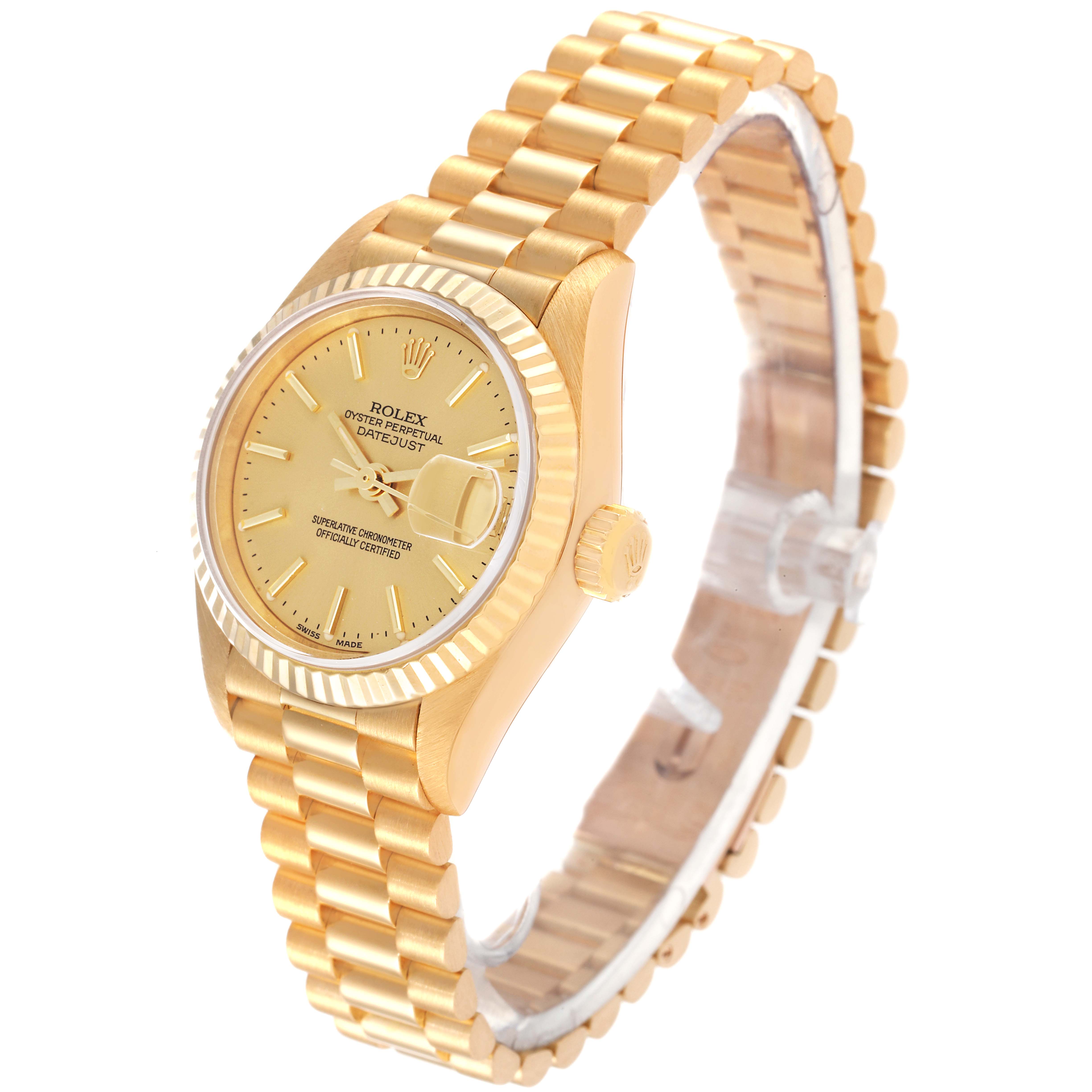 The image shows a side angle of a gold Rolex President 79178 Women
s Yellow Gold Champagne Dial 79178 Women
s Yellow Gold Champagne Dial model watch, displaying the watch face, crown, and bracelet.