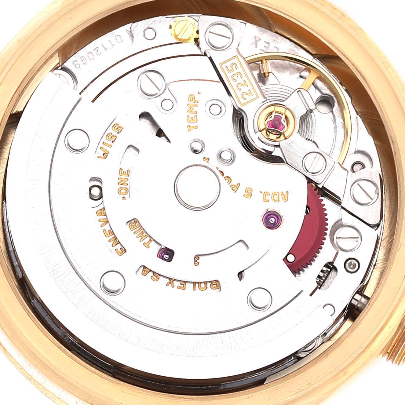 This image shows a close-up of the internal movement components of the Rolex President 79178 Women
s Yellow Gold Champagne Dial 79178 Women
s Yellow Gold Champagne Dial model watch.