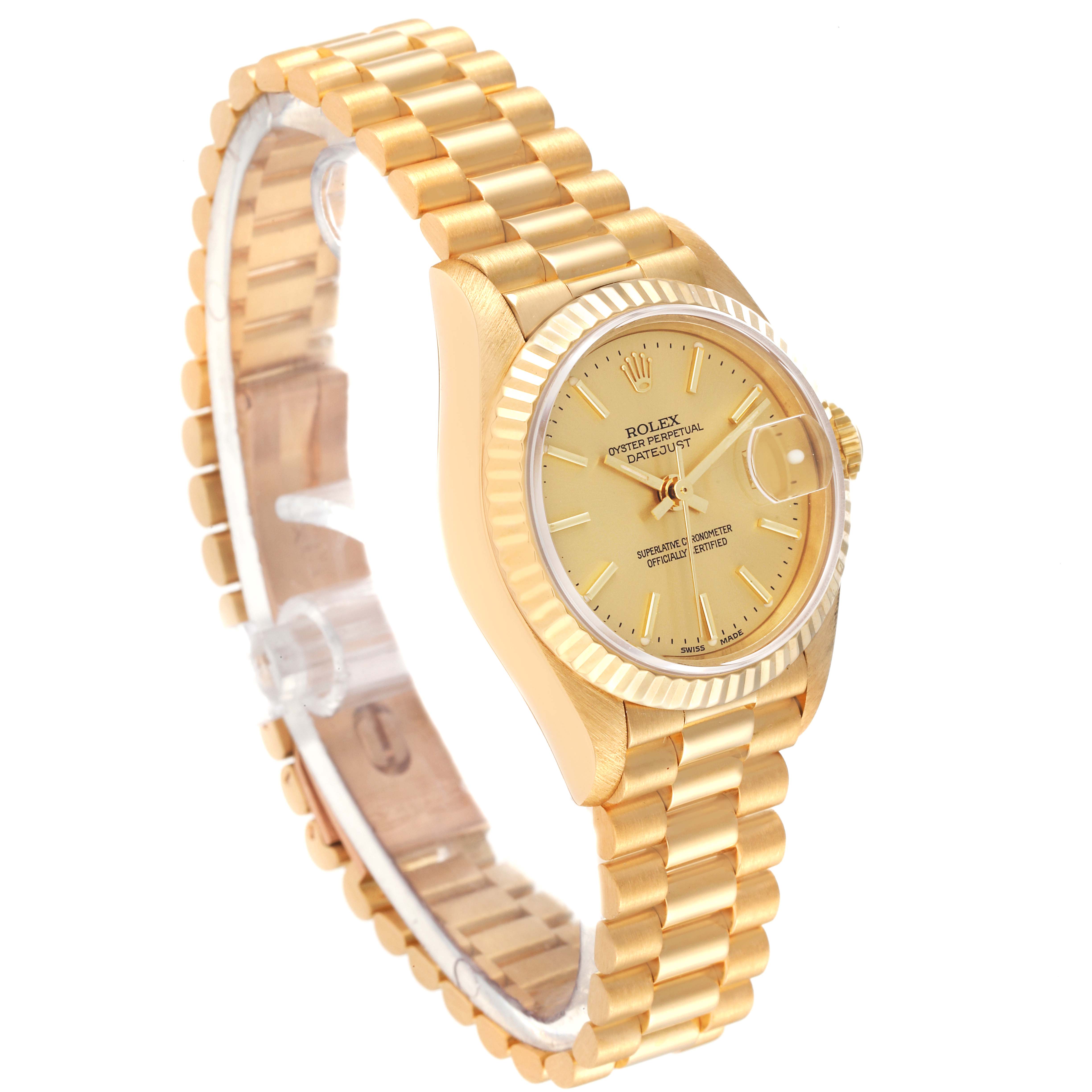 The image shows a side angle view of a Rolex President 79178 Women
s Yellow Gold Champagne Dial 79178 Women
s Yellow Gold Champagne Dial model watch, displaying its gold strap, case, and dial.