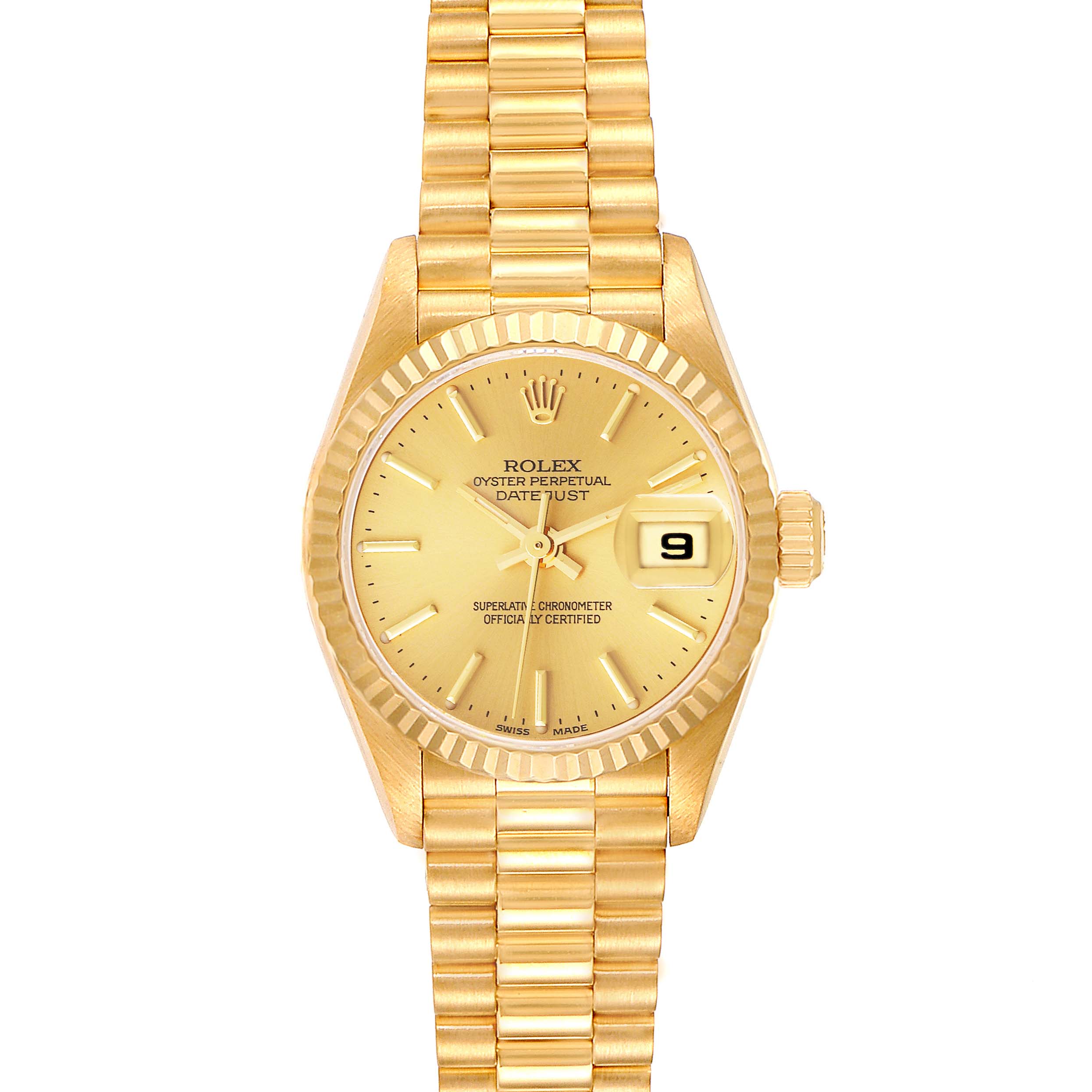 The image shows a front view of the Rolex President 79178 Women
s Yellow Gold Champagne Dial 79178 Women
s Yellow Gold Champagne Dial model watch featuring its gold bracelet, dial, and date display.