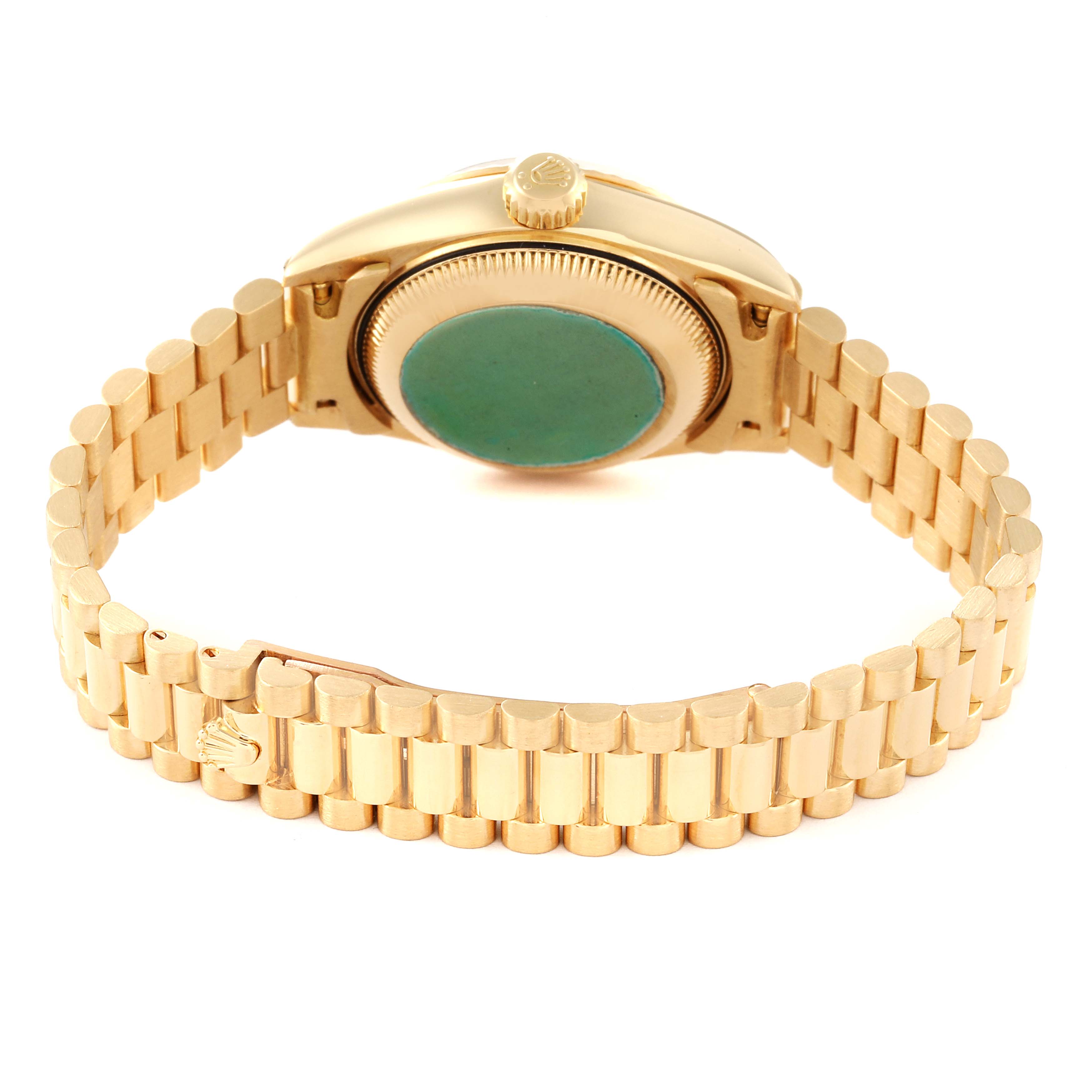 The image shows the back view of a Rolex President 79178 Women
s Yellow Gold Champagne Dial 79178 Women
s Yellow Gold Champagne Dial watch, highlighting its Oyster bracelet and case back.