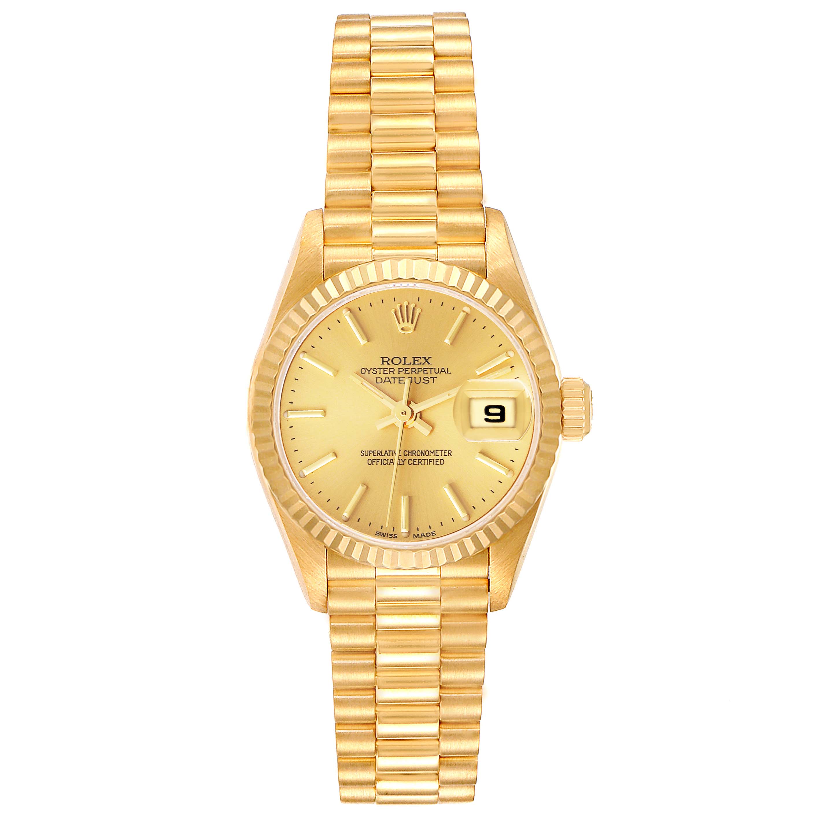 The image shows a front view of a Rolex President 79178 Women
s Yellow Gold Champagne Dial 79178 Women
s Yellow Gold Champagne Dial model watch featuring the face, bezel, and bracelet.