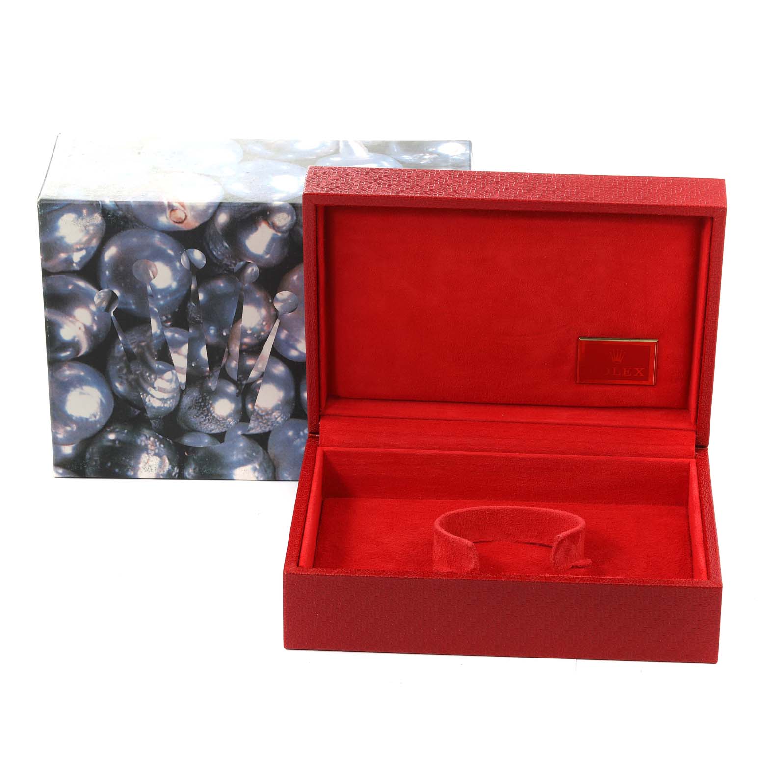 The image shows an open red Rolex watch box for the President model with an outer decorative box featuring a pearl design.