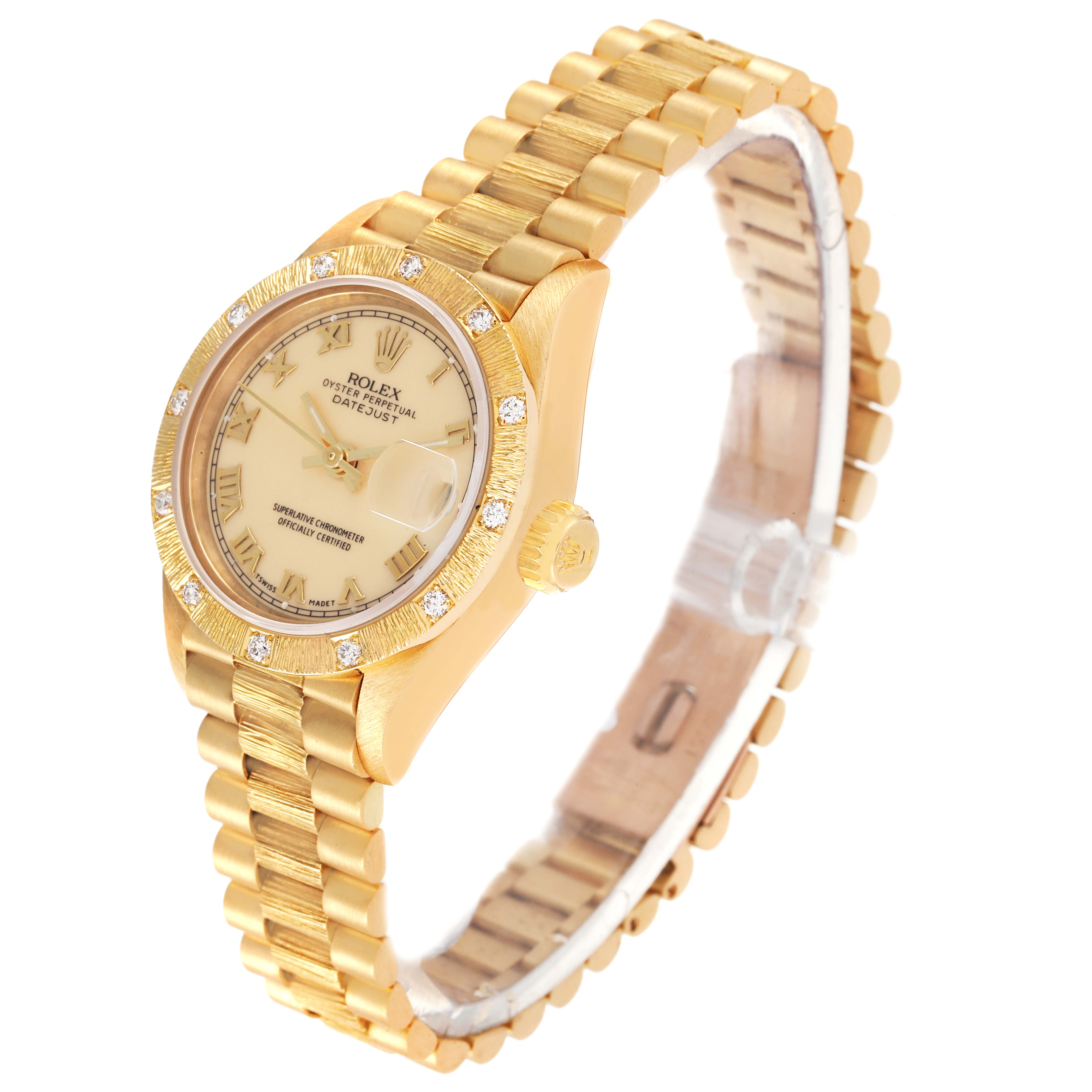 The Rolex President 69288 Women's Yellow Gold Beige Dial 69288 Women's Yellow Gold Beige Dial model watch is shown at a three-quarter angle, highlighting its gold bracelet, crown, and face with diamond accents.