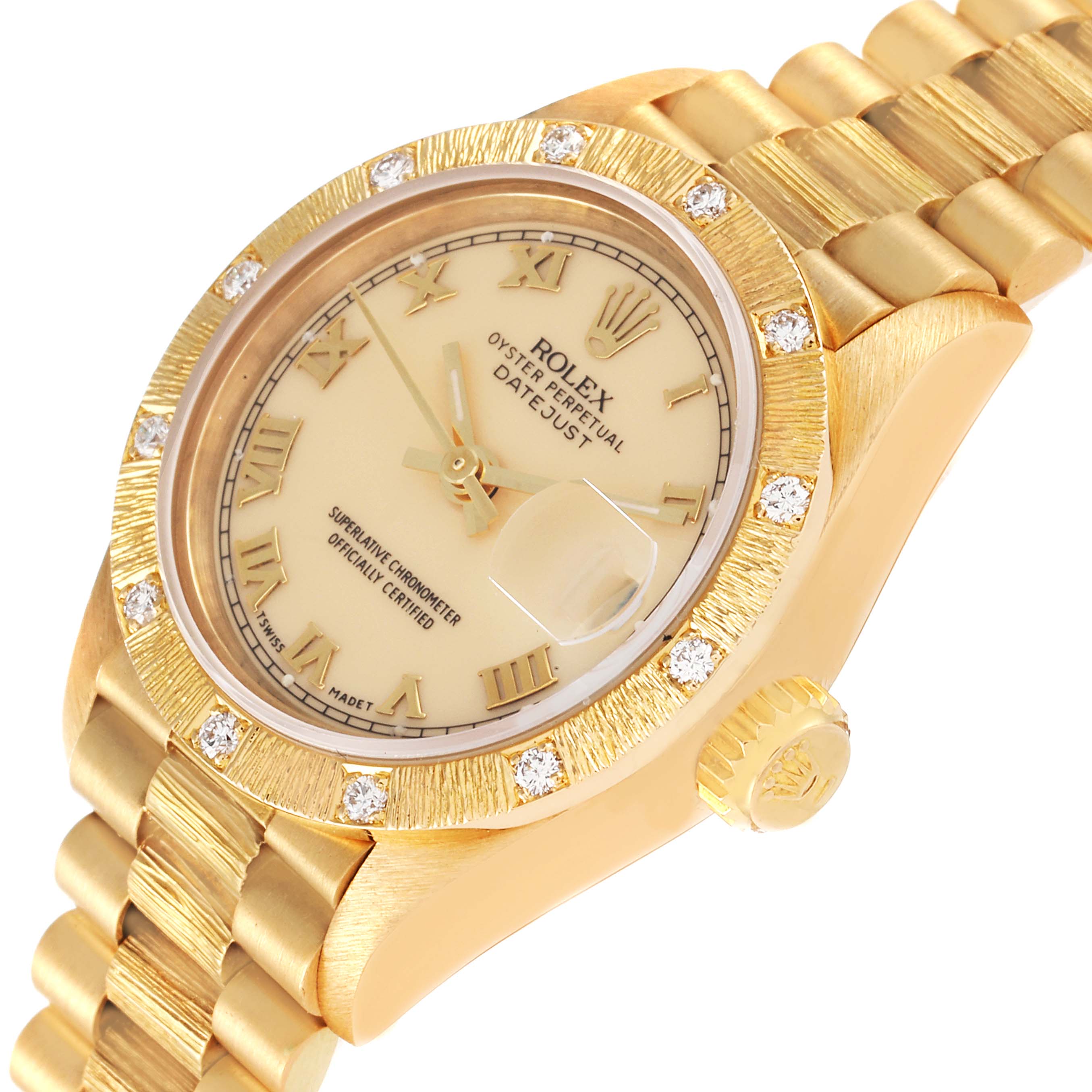 The image shows a Rolex President 69288 Women's Yellow Gold Beige Dial 69288 Women's Yellow Gold Beige Dial model watch at a slight angle, highlighting the dial, bezel, crown, and bracelet.