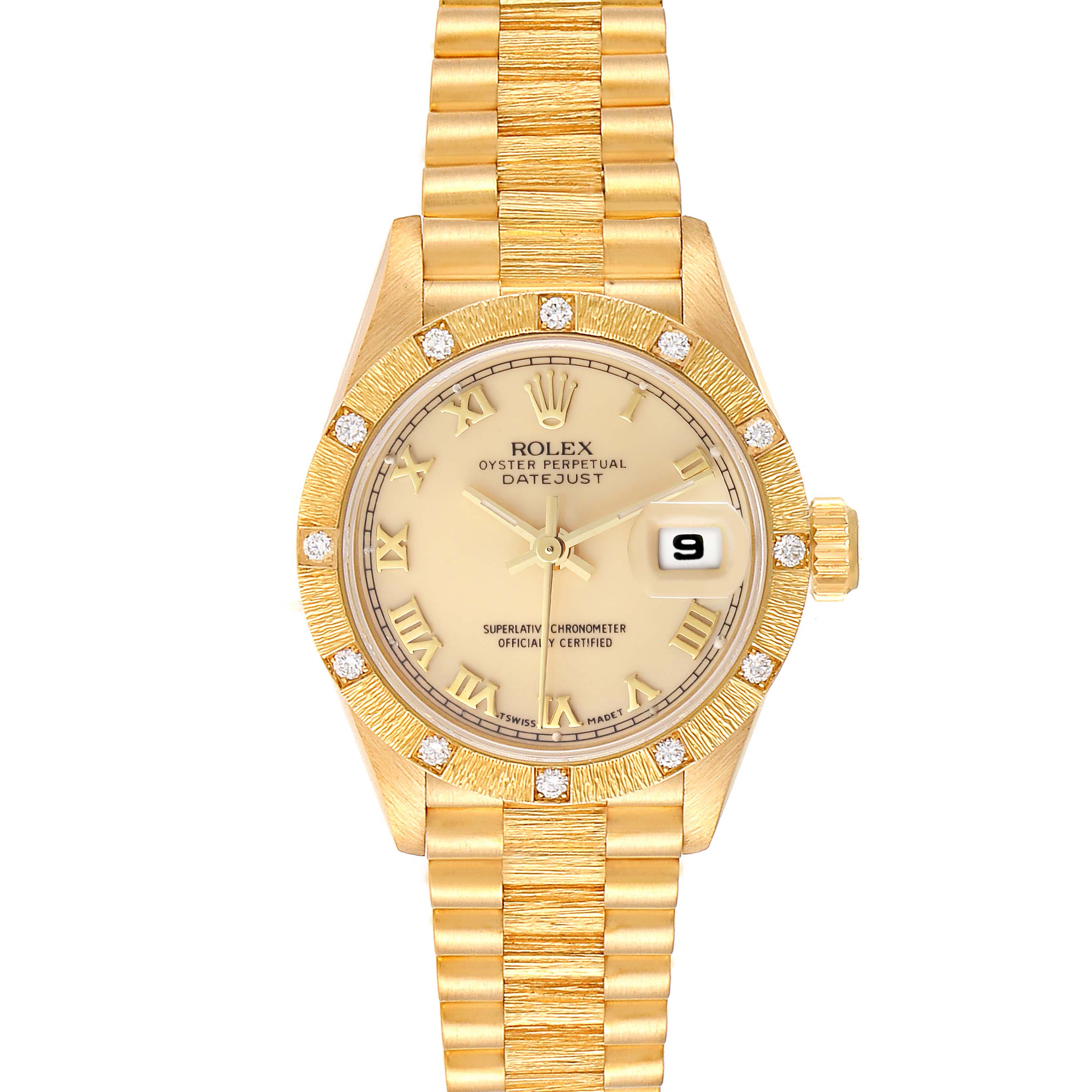 ラスカル8131 Ladies Rolex 18K Gold Datejust President Bark Tapestry 69278