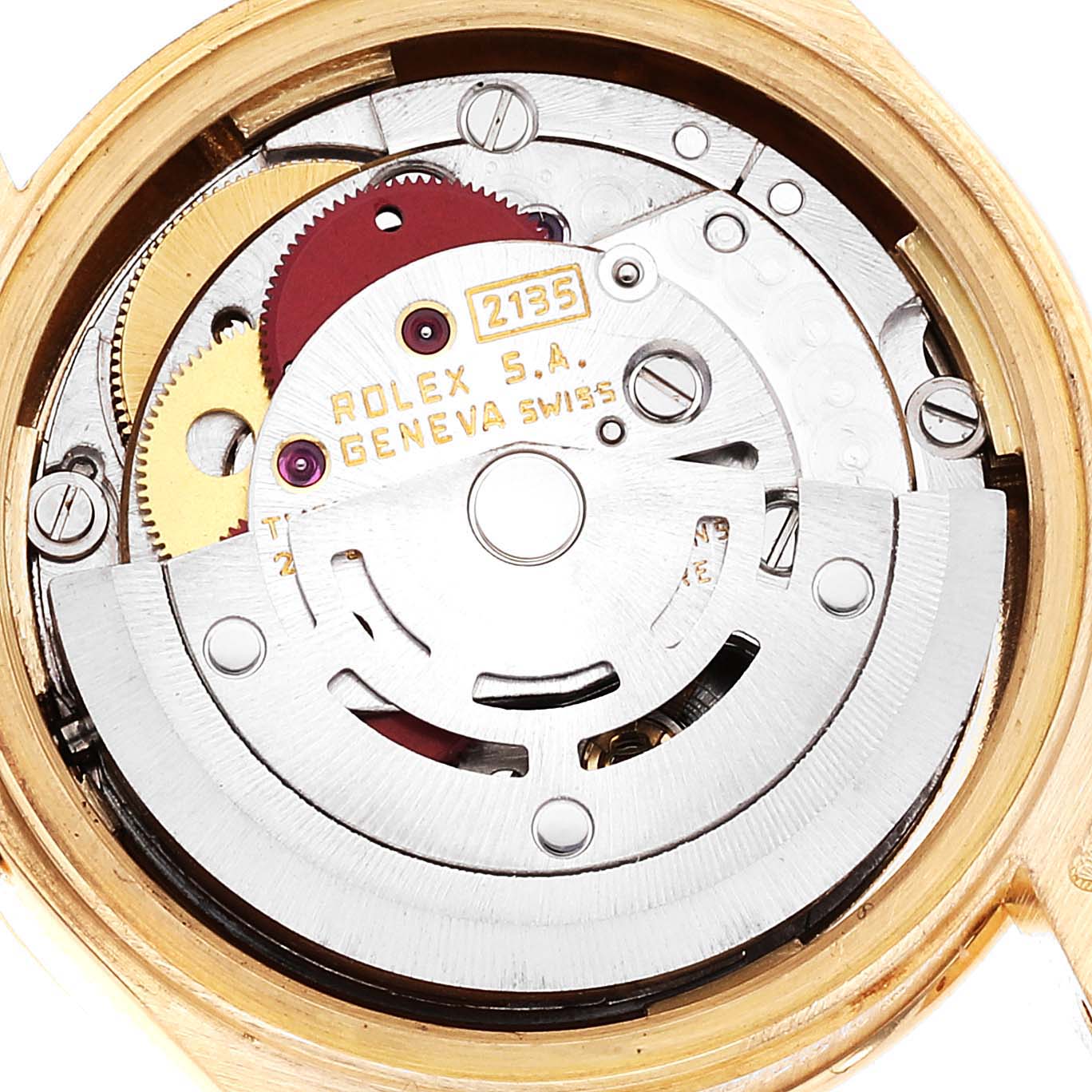 This image shows the inner mechanism and movement components of the Rolex President 69288 Women's Yellow Gold Beige Dial 69288 Women's Yellow Gold Beige Dial watch model, viewed from the back.