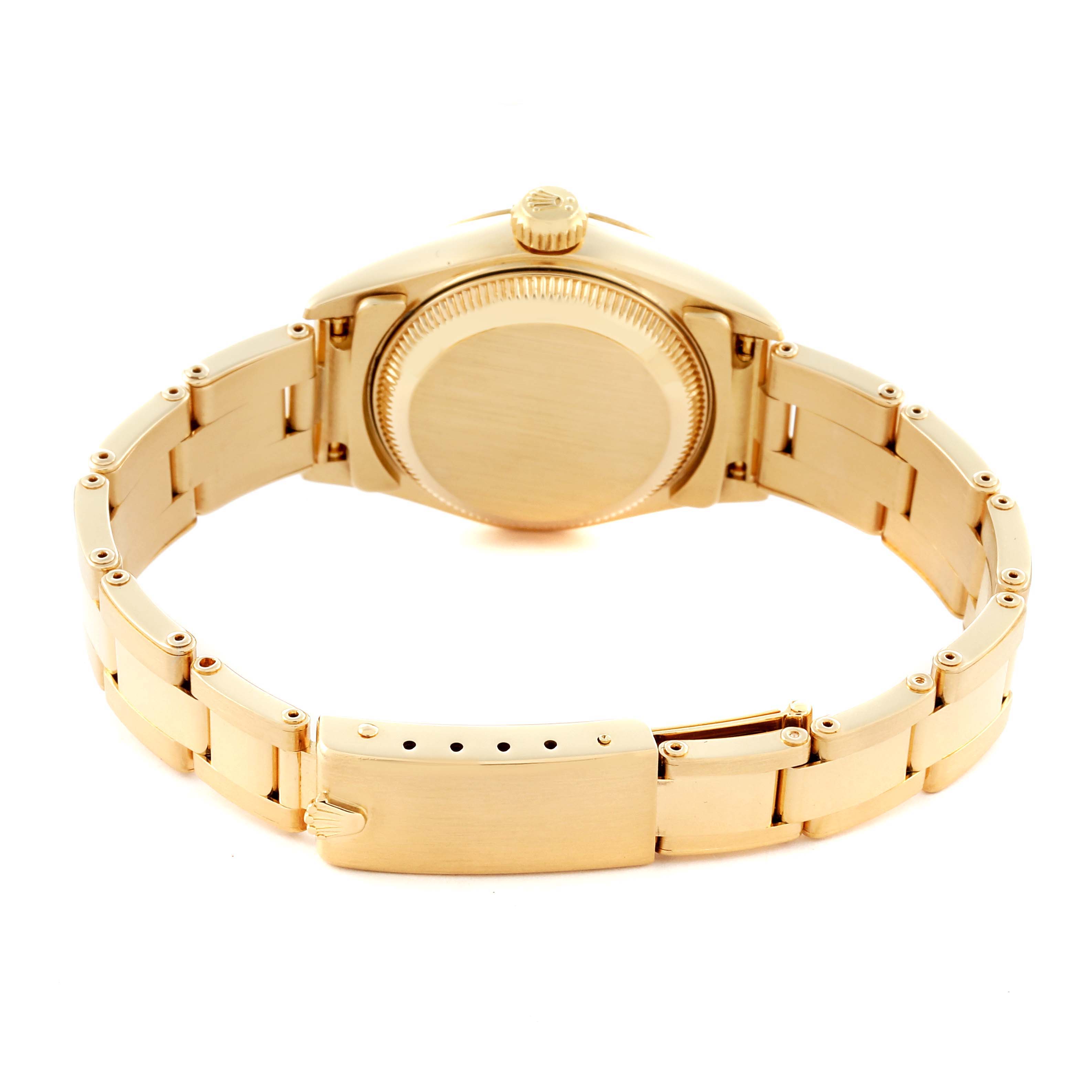 The Rolex President 69178 Women's Yellow Gold Champagne Dial 69178 Women's Yellow Gold Champagne Dial model is shown from the rear, highlighting the bracelet, case back, and clasp.