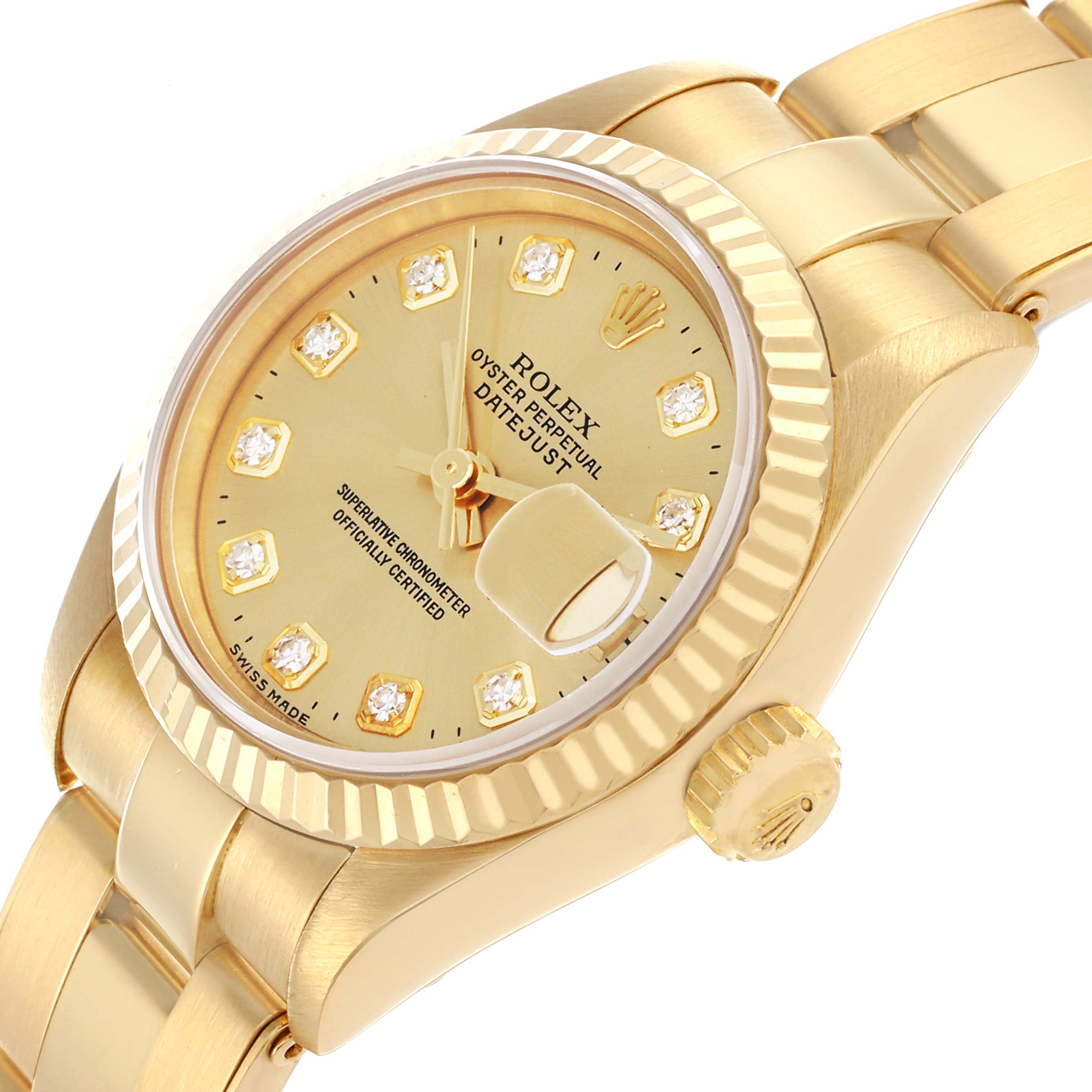 The Rolex President 69178 Women's Yellow Gold Champagne Dial 69178 Women's Yellow Gold Champagne Dial model is shown at an angled view, highlighting the watch face, crown, and part of the bracelet.
