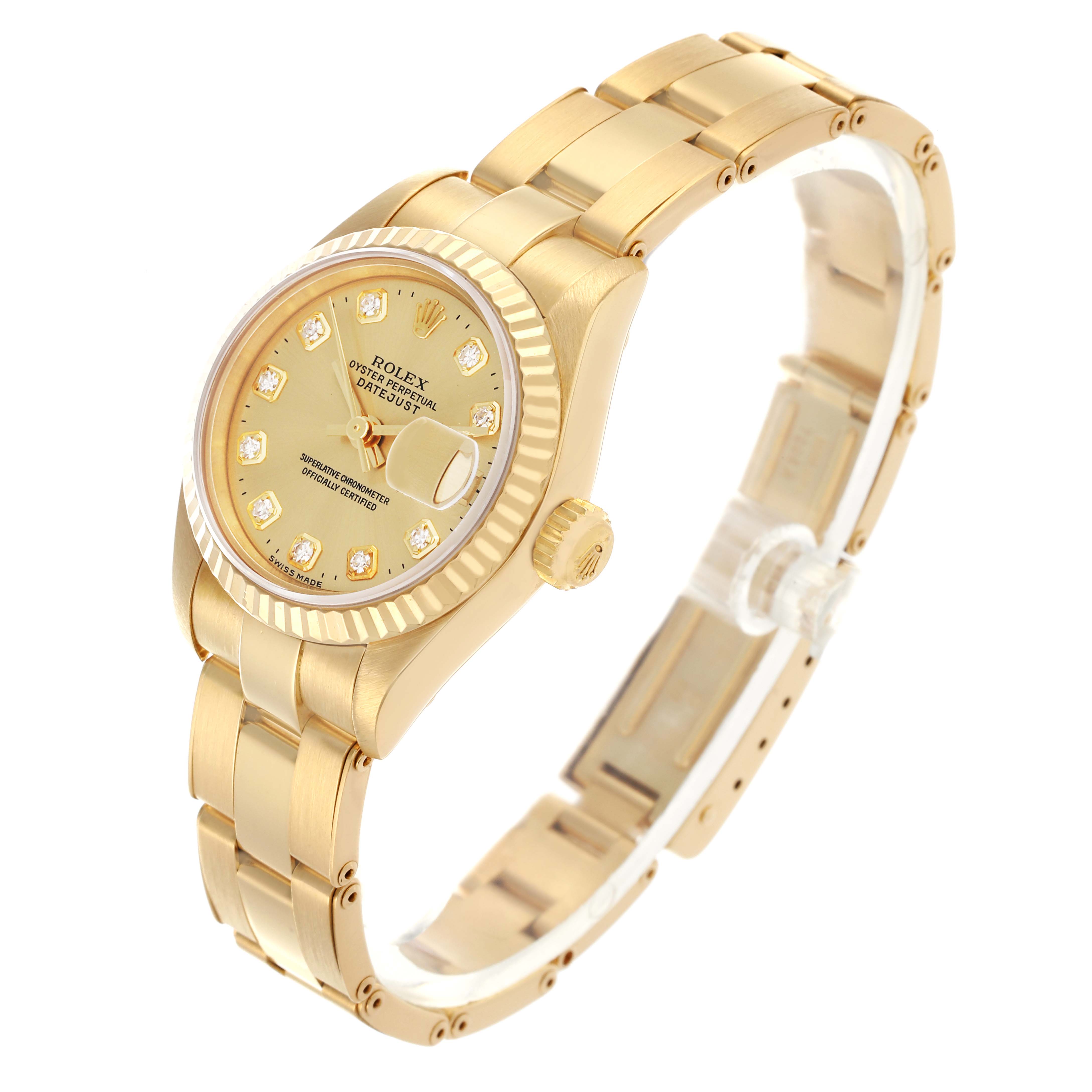 The Rolex President 69178 Women's Yellow Gold Champagne Dial 69178 Women's Yellow Gold Champagne Dial watch is shown at an angle highlighting the face, crown, and full bracelet.