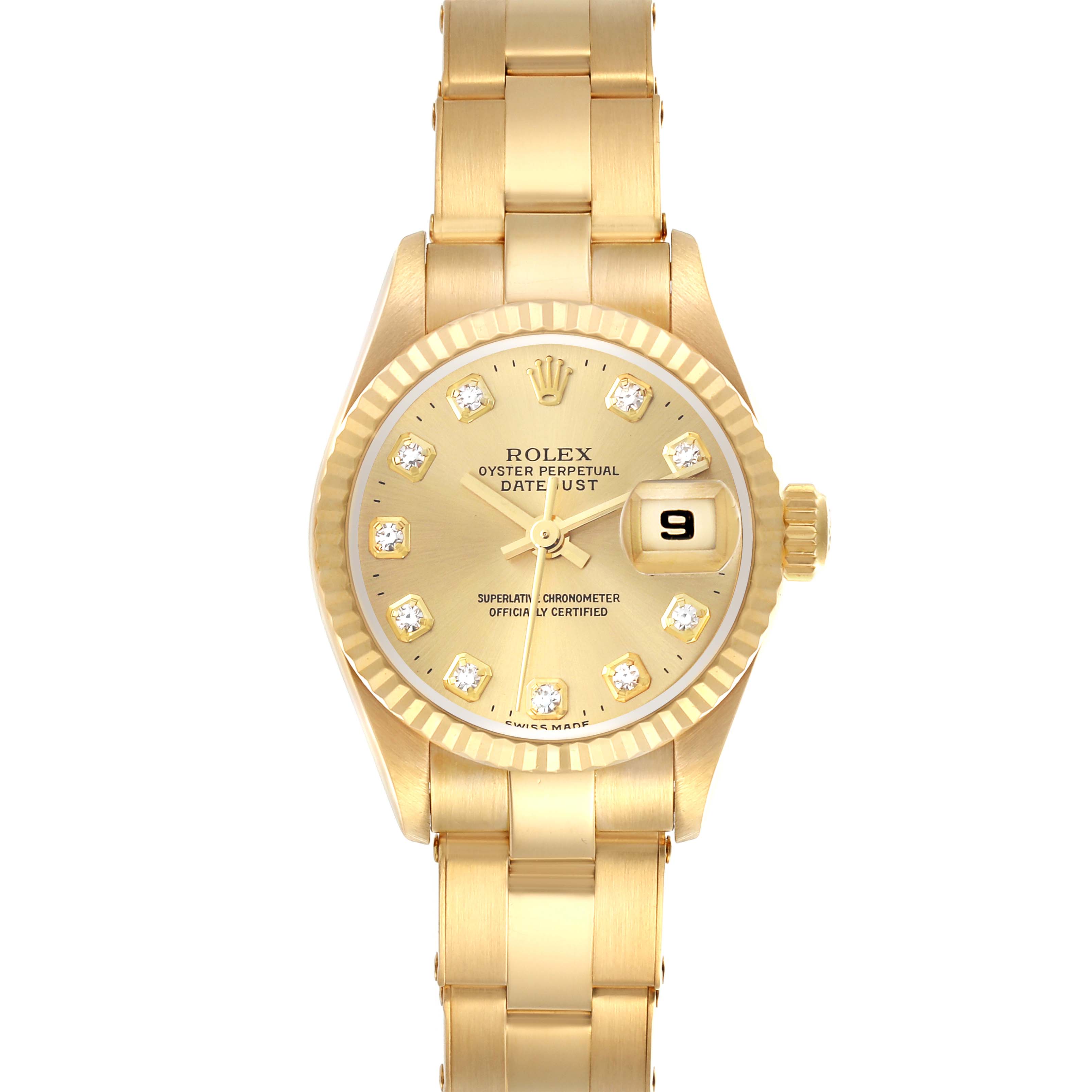 The Rolex President 69178 Women's Yellow Gold Champagne Dial 69178 Women's Yellow Gold Champagne Dial model is shown from the top, displaying the dial, bezel, case, bracelet, and date feature.