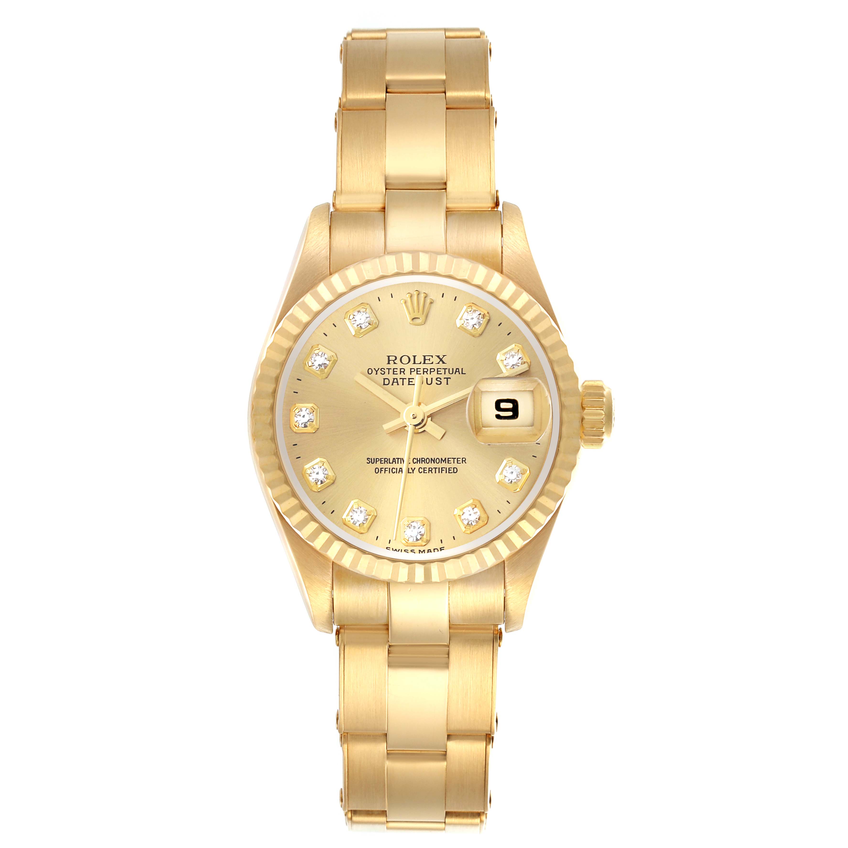 The Rolex President 69178 Women's Yellow Gold Champagne Dial 69178 Women's Yellow Gold Champagne Dial model watch is shown from the front, displaying the dial, bezel, and part of the bracelet.