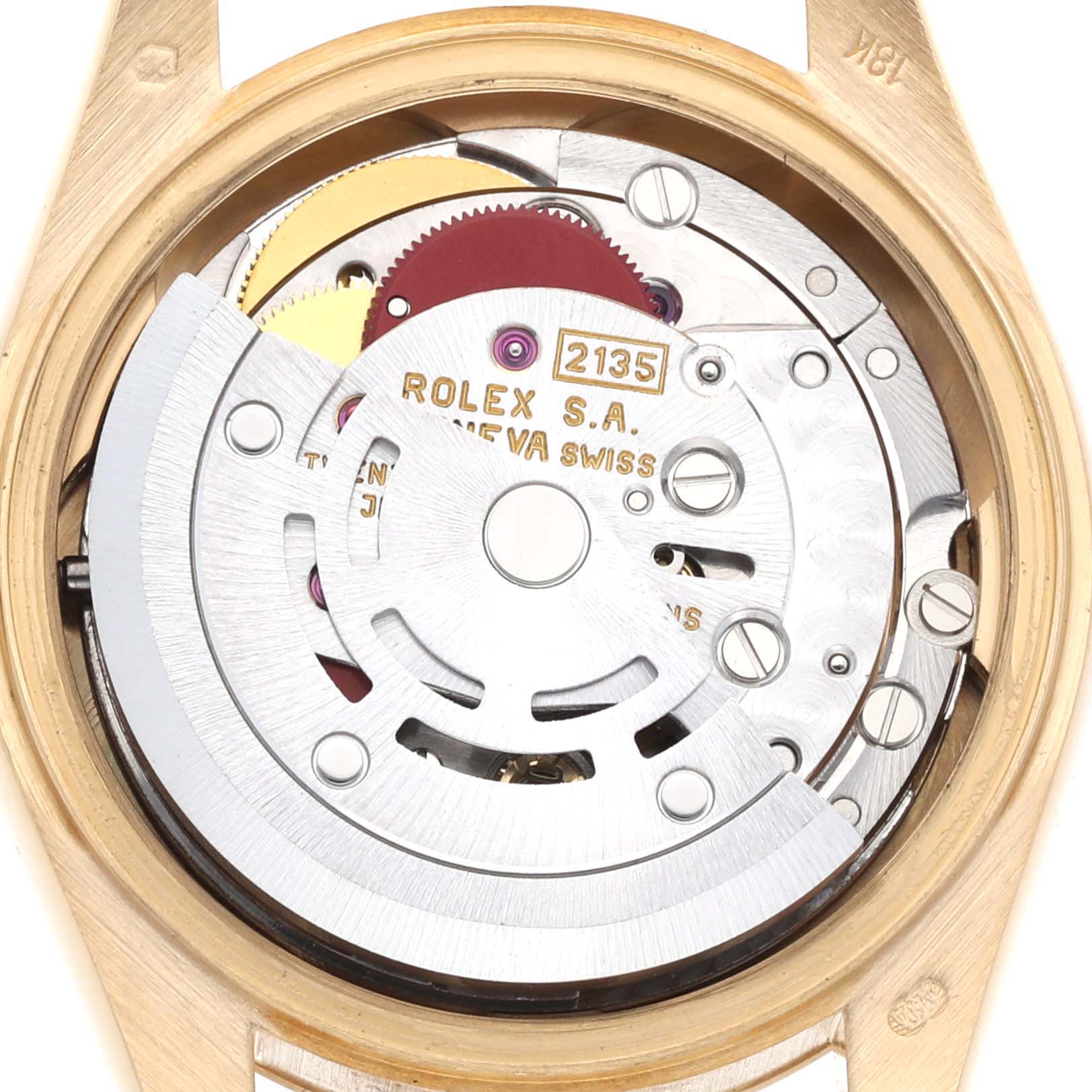 This image shows the movement from the back of a Rolex President 69178 Women's Yellow Gold Champagne Dial 69178 Women's Yellow Gold Champagne Dial model watch, highlighting the rotor and internal gears.