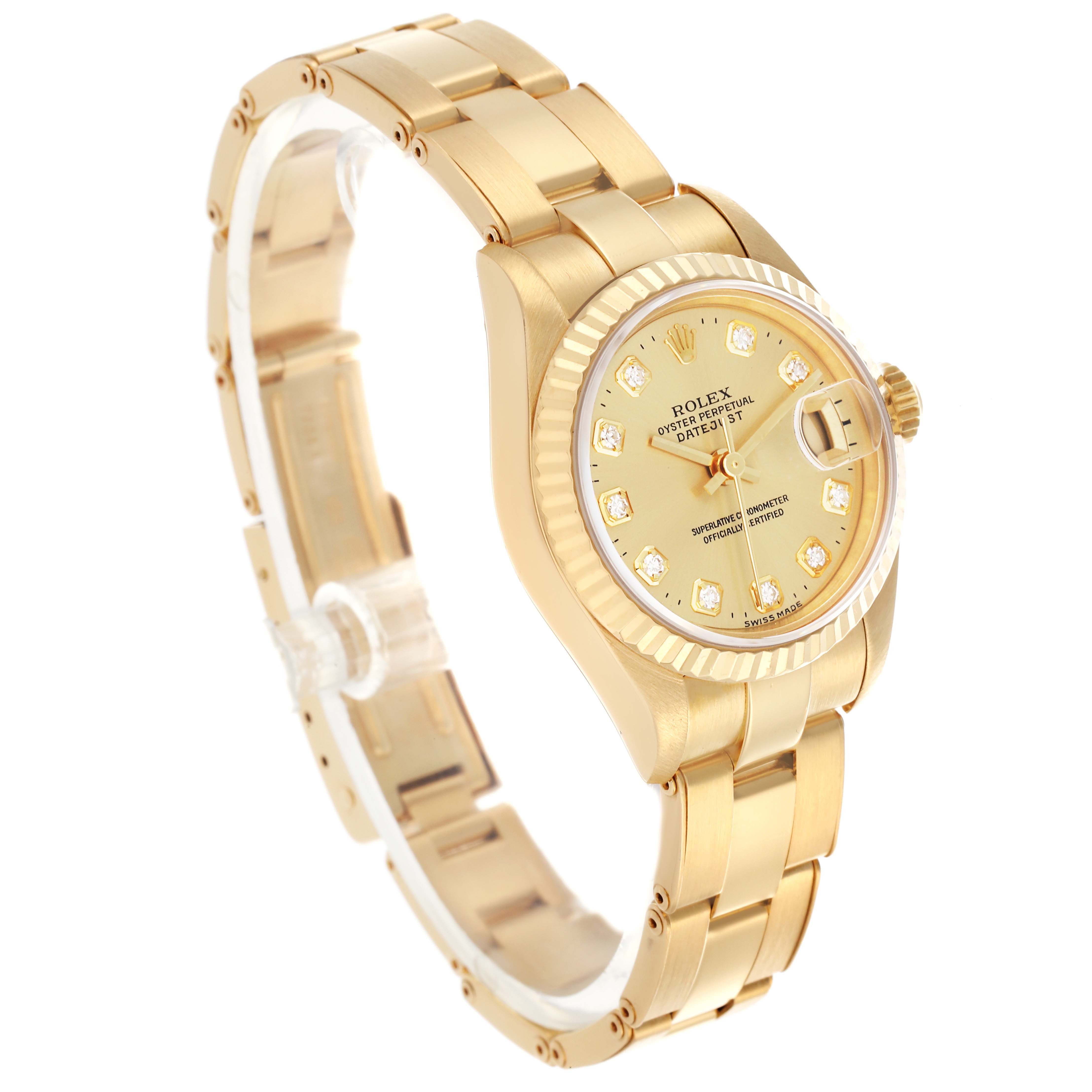 The Rolex President 69178 Women's Yellow Gold Champagne Dial 69178 Women's Yellow Gold Champagne Dial watch is shown from a three-quarter angle, highlighting its dial, bezel, and bracelet.