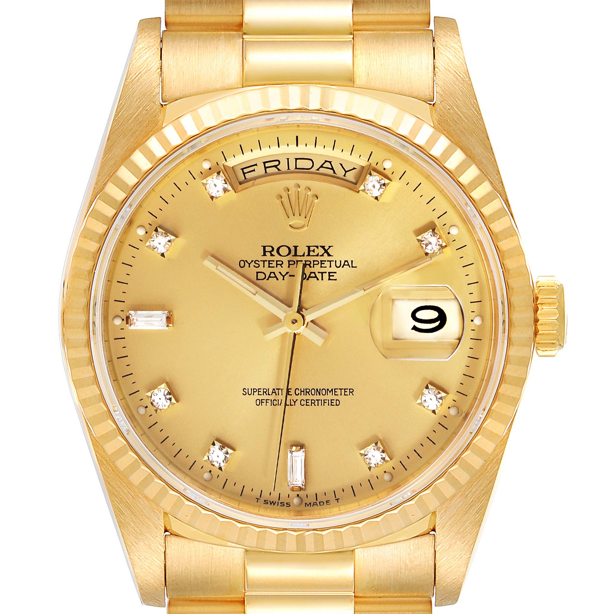 This image shows a close-up of the gold face and bezel of the Rolex President 18238 Men
s Yellow Gold Champagne Dial 18238 Men
s Yellow Gold Champagne Dial model, highlighting the day-date display and gemstone markers.