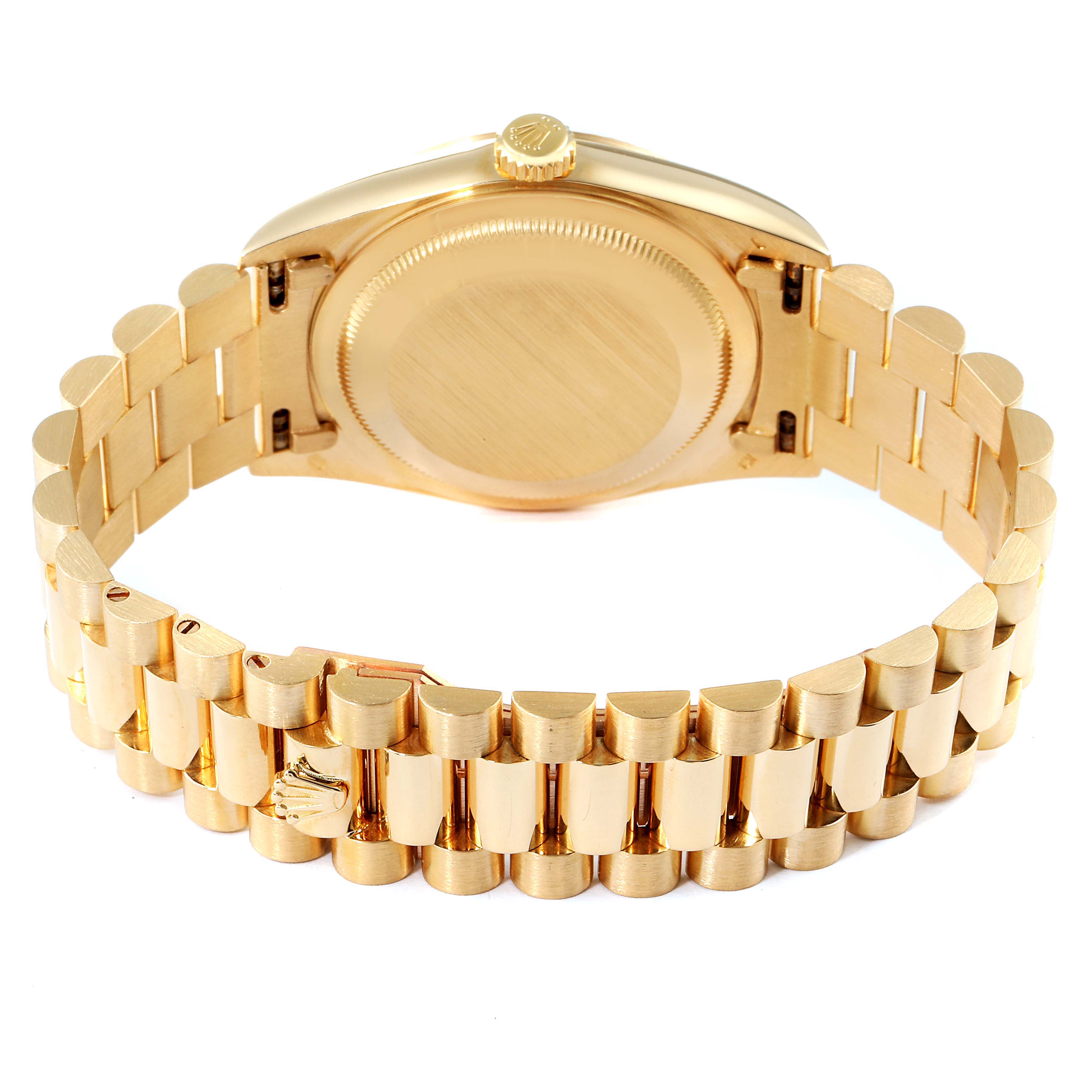 This image shows the back view of a Rolex President 18238 Men
s Yellow Gold Champagne Dial 18238 Men
s Yellow Gold Champagne Dial model watch, highlighting its gold case, case back, and bracelet.
