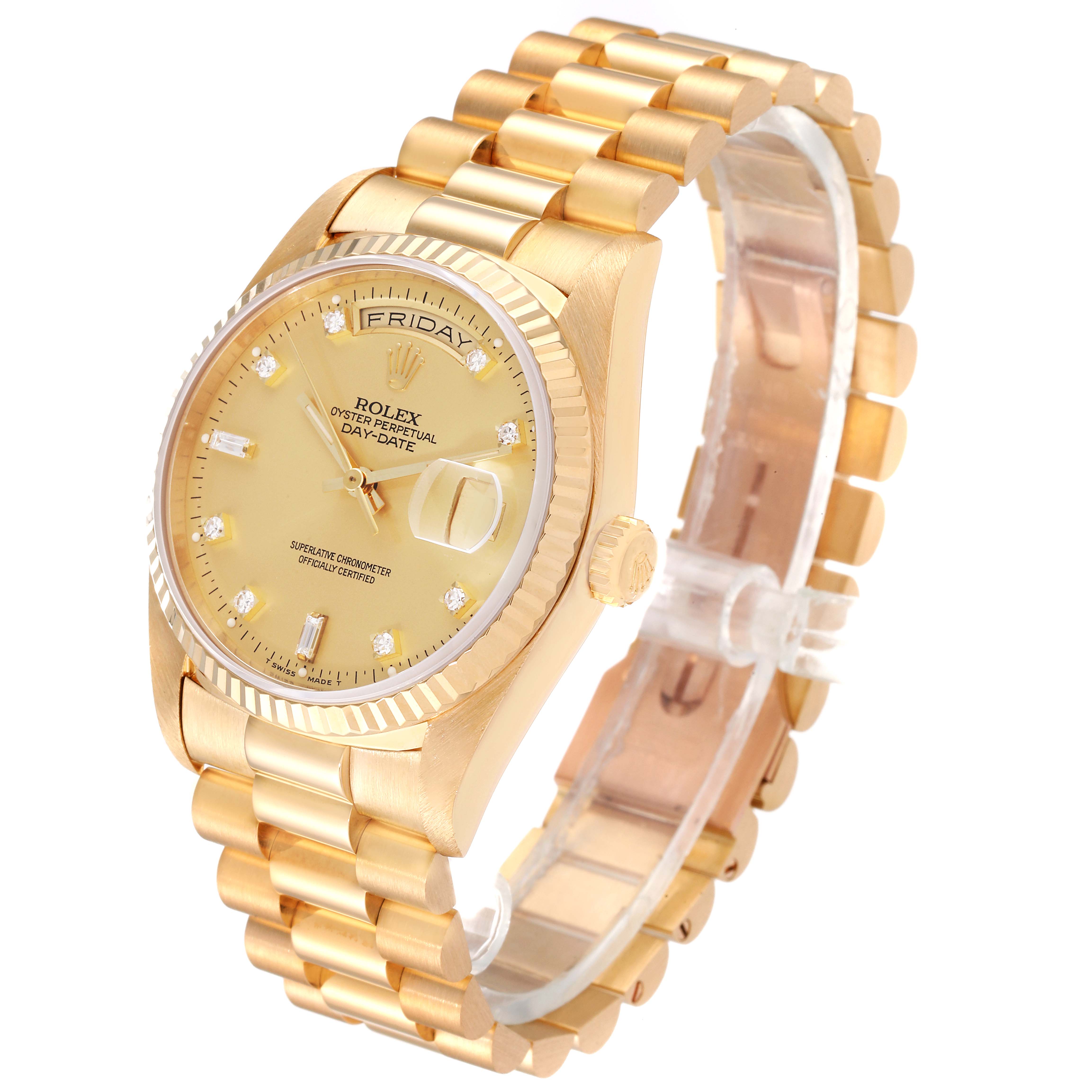 This image shows a Rolex President 18238 Men
s Yellow Gold Champagne Dial 18238 Men
s Yellow Gold Champagne Dial model watch from an angled top view, displaying the face, bezel, and bracelet.