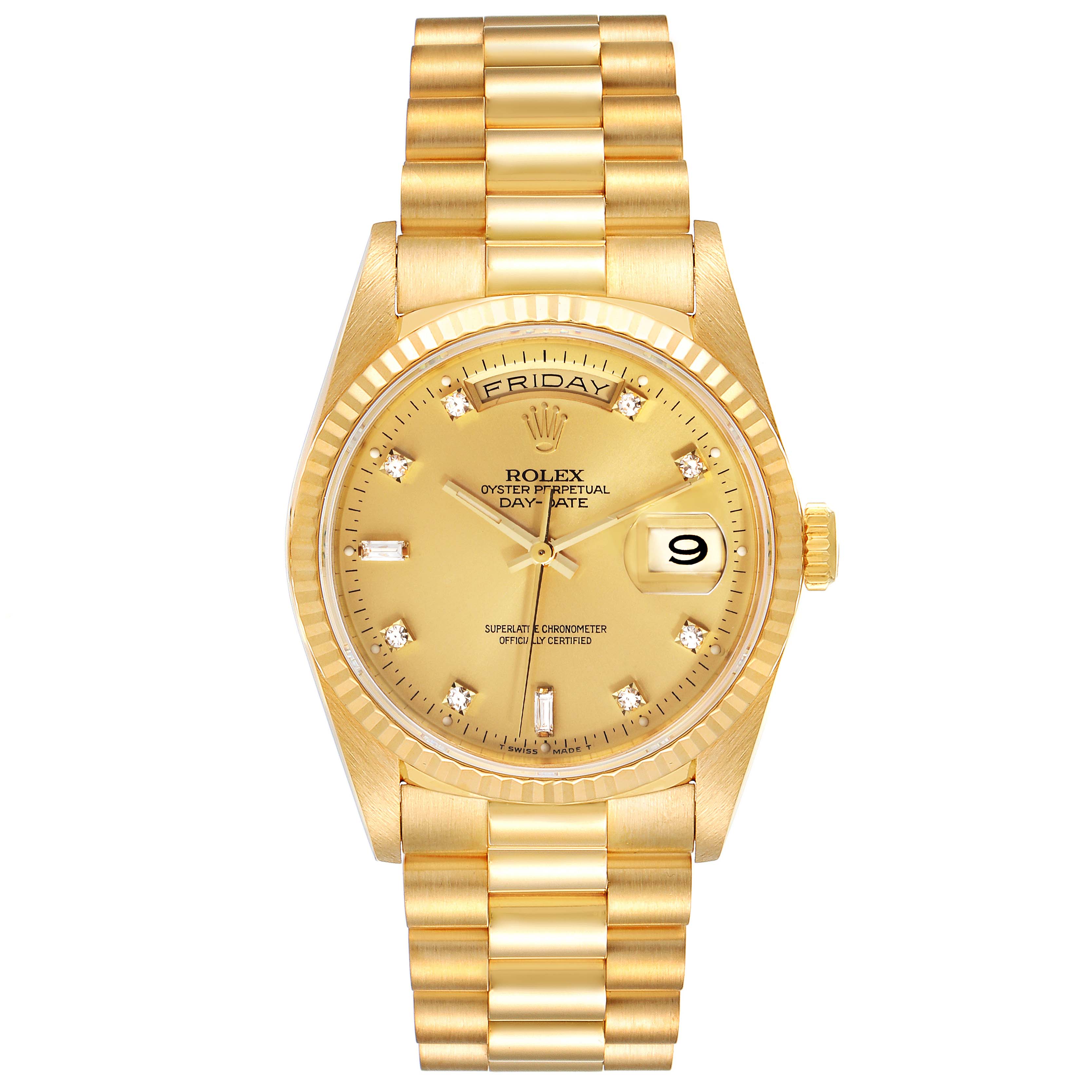 This is a frontal view of the Rolex President 18238 Men
s Yellow Gold Champagne Dial 18238 Men
s Yellow Gold Champagne Dial model, showing the dial, bezel, bracelet, and date window.