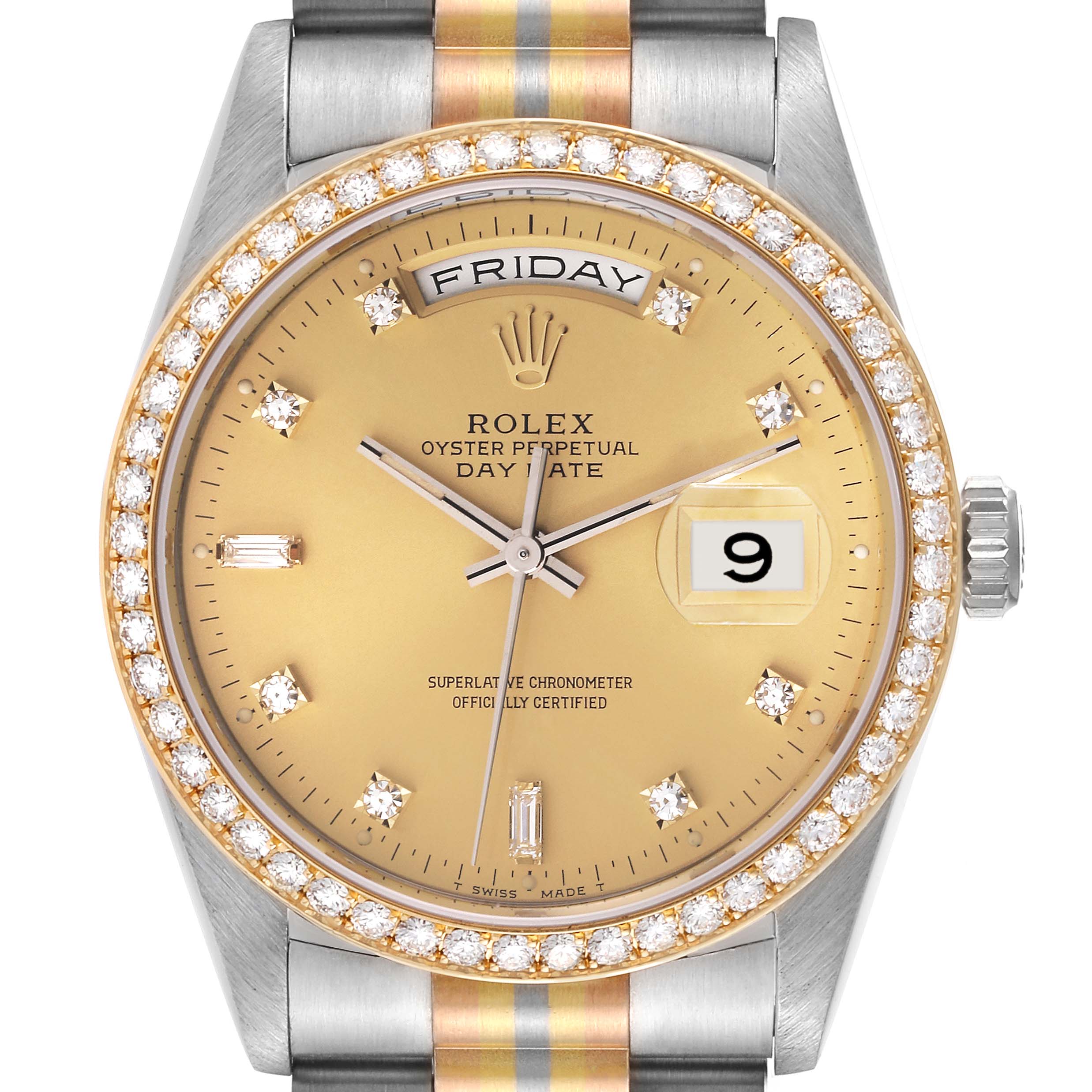 This image showcases a frontal view of the Rolex President 18349 Men's Steel and Gold (two tone) Champagne Dial 18349 Men's Steel and Gold (two tone) Champagne Dial model watch, displaying its gold dial, diamond bezel, and day-date functions.