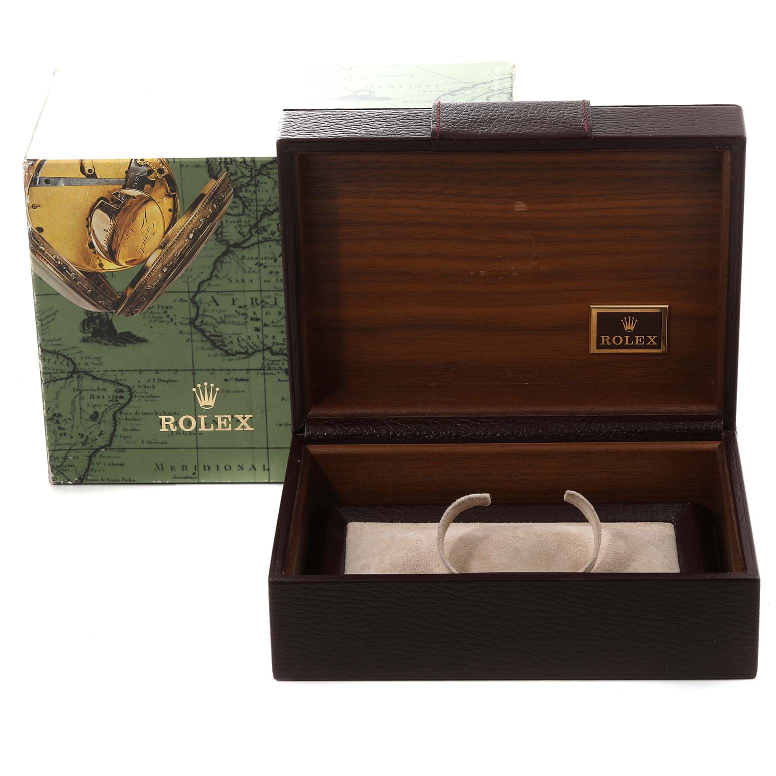 The image shows an open Rolex President 18349 Men's Steel and Gold (two tone) Champagne Dial 18349 Men's Steel and Gold (two tone) Champagne Dial model watch box with its cushion and an outer sleeve featuring the Rolex logo.