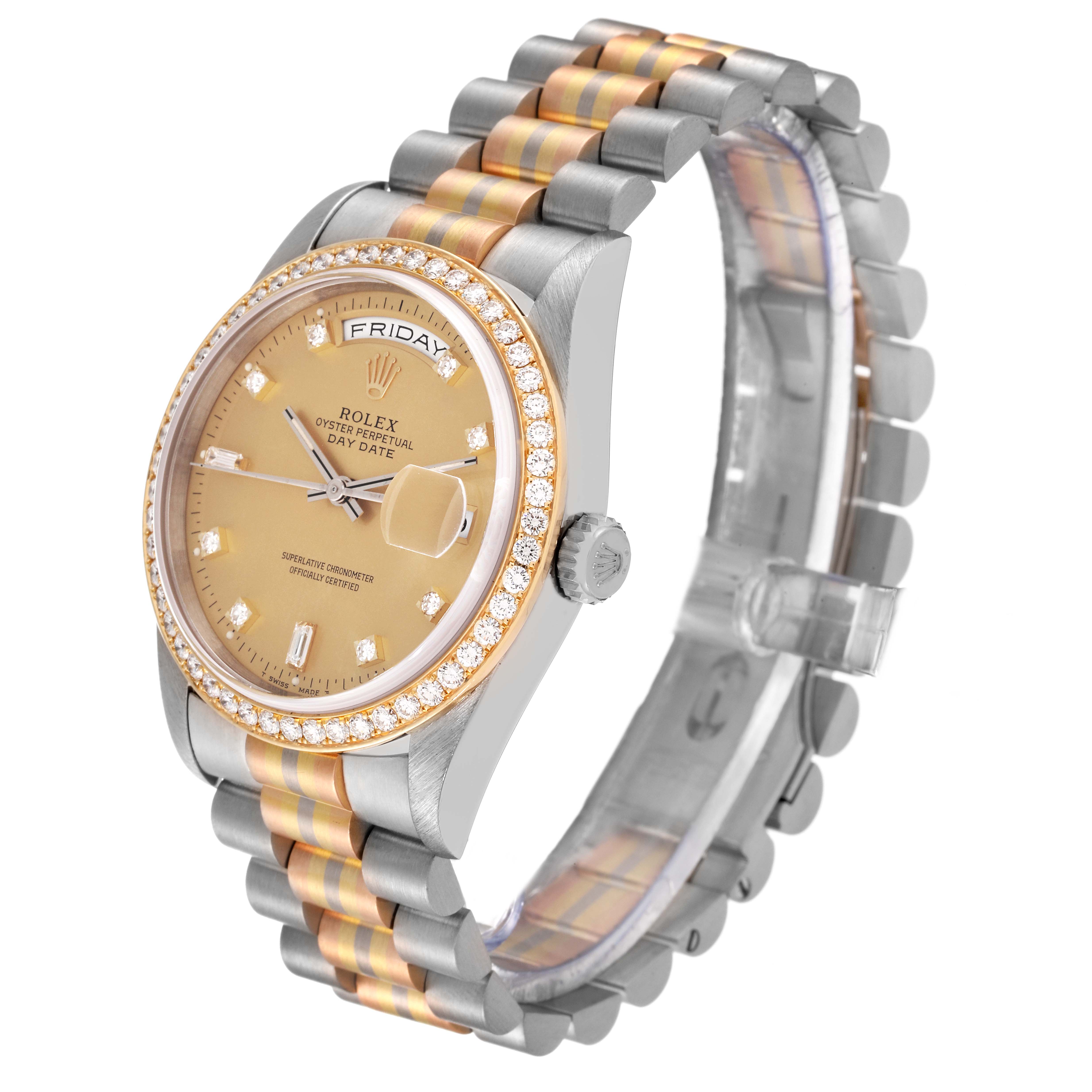 The Rolex President 18349 Men's Steel and Gold (two tone) Champagne Dial 18349 Men's Steel and Gold (two tone) Champagne Dial model watch is shown at a slight angle highlighting its face, bezel, and two-tone bracelet.