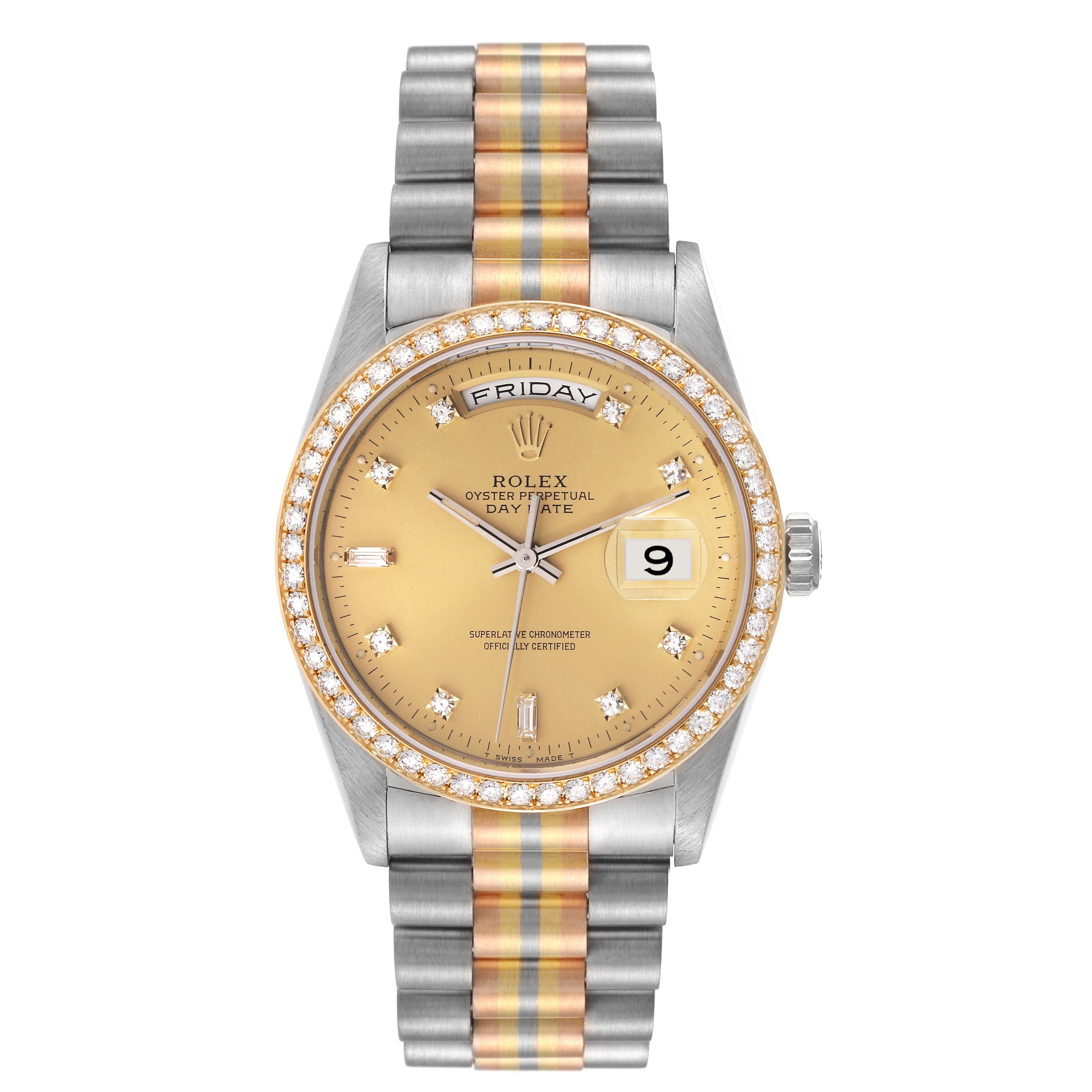 The image shows the front view of a Rolex President 18349 Men's Steel and Gold (two tone) Champagne Dial 18349 Men's Steel and Gold (two tone) Champagne Dial model watch, highlighting its dial, bezel, and bracelet.