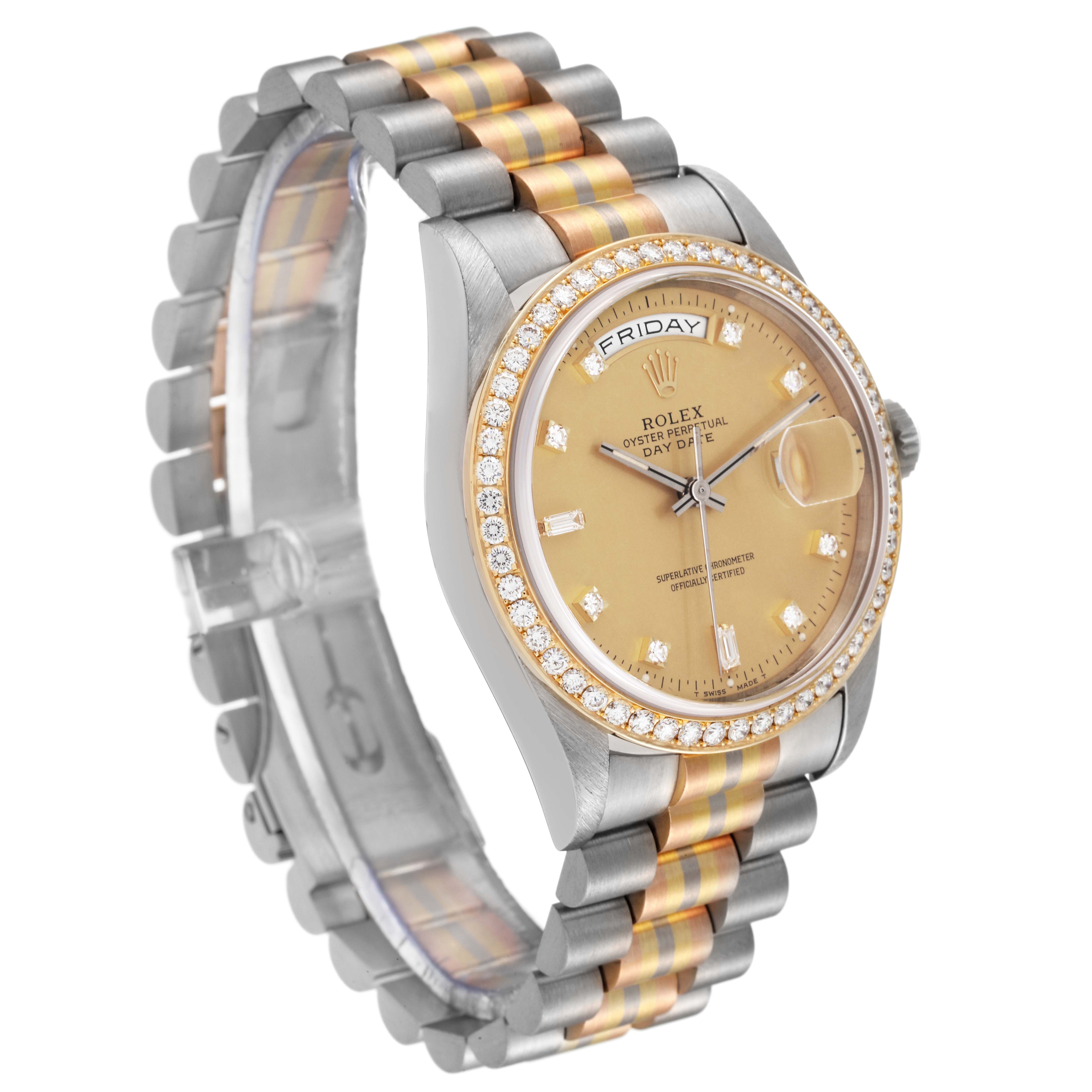 This Rolex President 18349 Men's Steel and Gold (two tone) Champagne Dial 18349 Men's Steel and Gold (two tone) Champagne Dial model watch is shown at an angled view, displaying the dial, bezel, and bracelet.