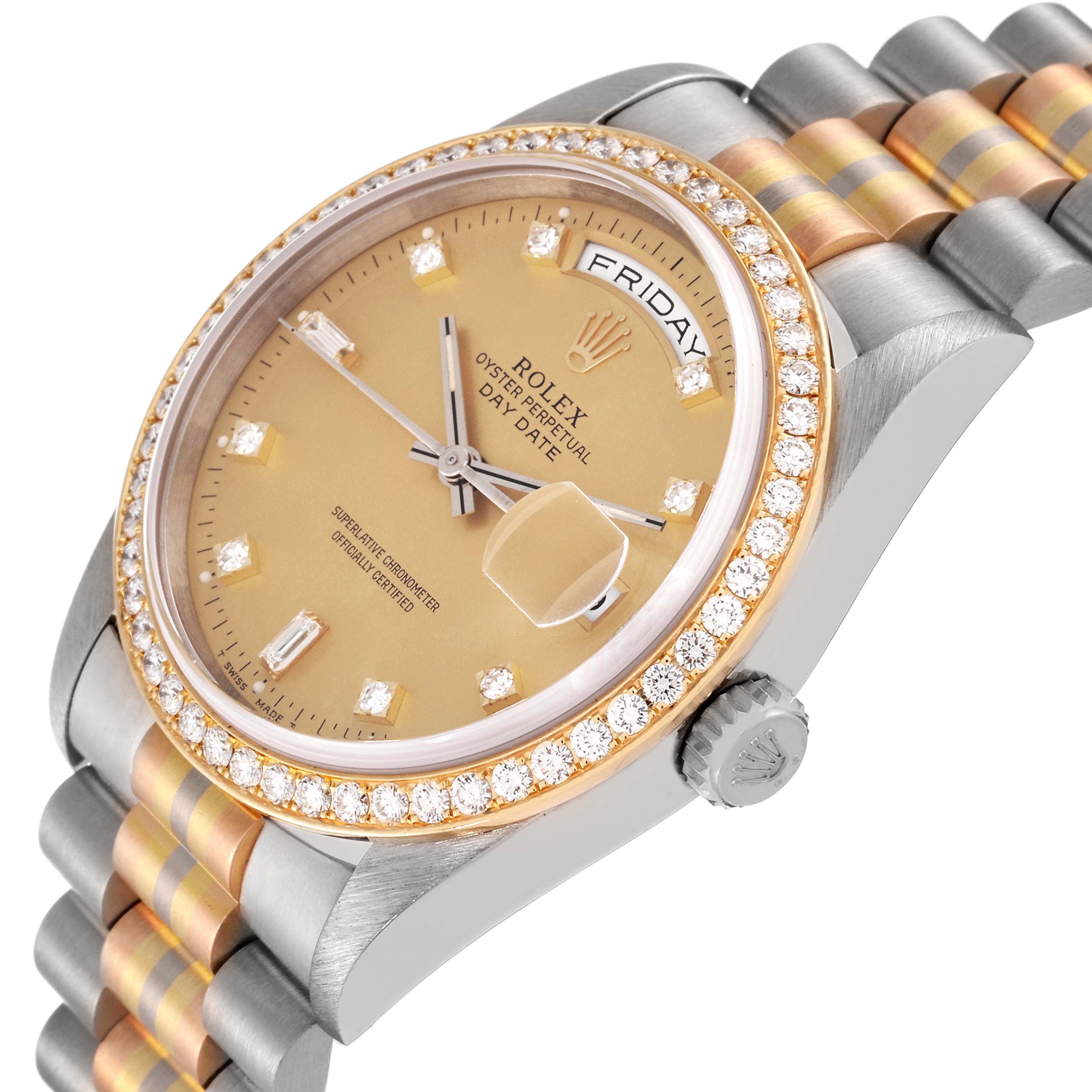 The Rolex President 18349 Men's Steel and Gold (two tone) Champagne Dial 18349 Men's Steel and Gold (two tone) Champagne Dial watch shown at an angled close-up highlights the dial, crown, bezel, and part of the bracelet.