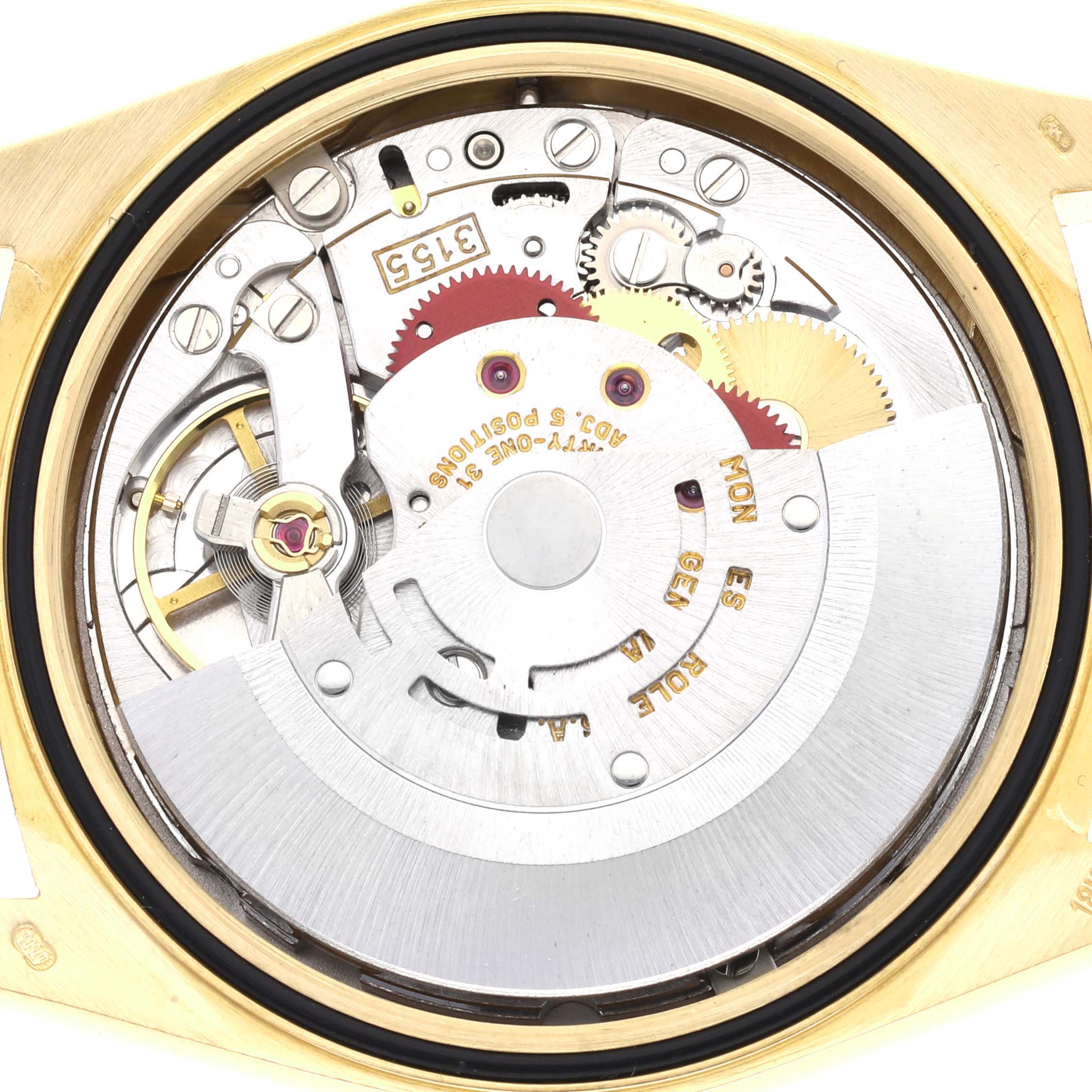 The image shows the internal mechanical movement of the Rolex President 18238 Men's Yellow Gold Champagne Dial 18238 Men's Yellow Gold Champagne Dial watch from a top-down angle.