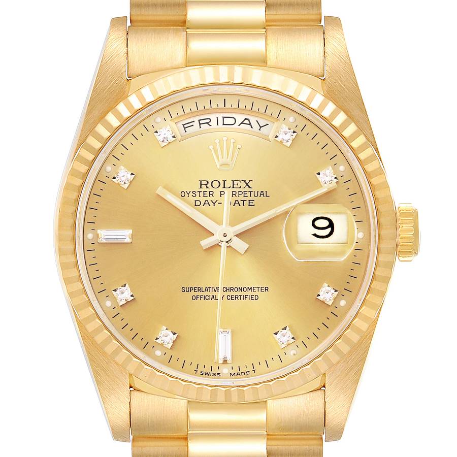 The Rolex President watch is shown from a front angle, displaying the face, day, date, and part of the bracelet.