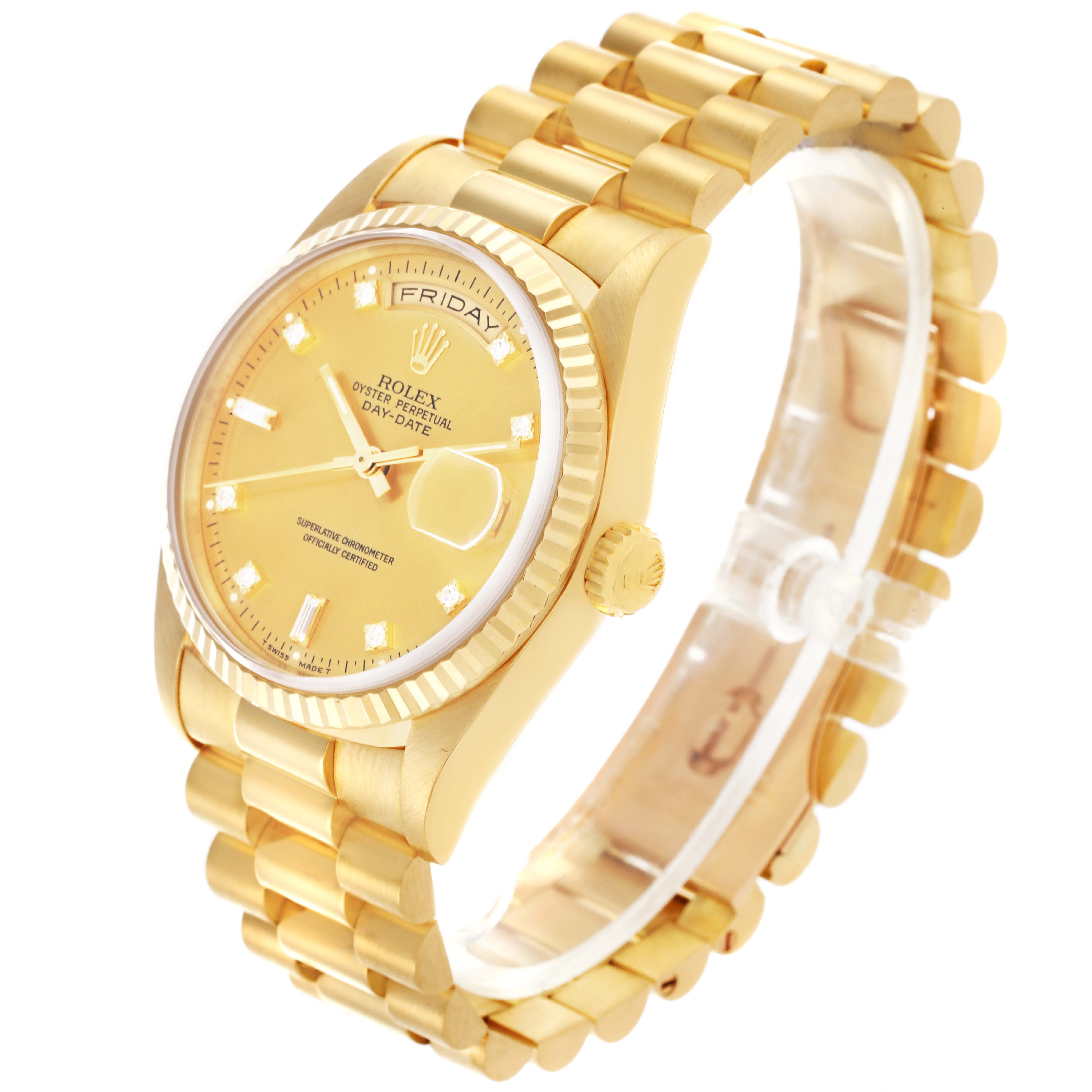 The Rolex President 18238 Men's Yellow Gold Champagne Dial 18238 Men's Yellow Gold Champagne Dial model is shown at a three-quarter angle, highlighting the face, bezel, crown, and bracelet.