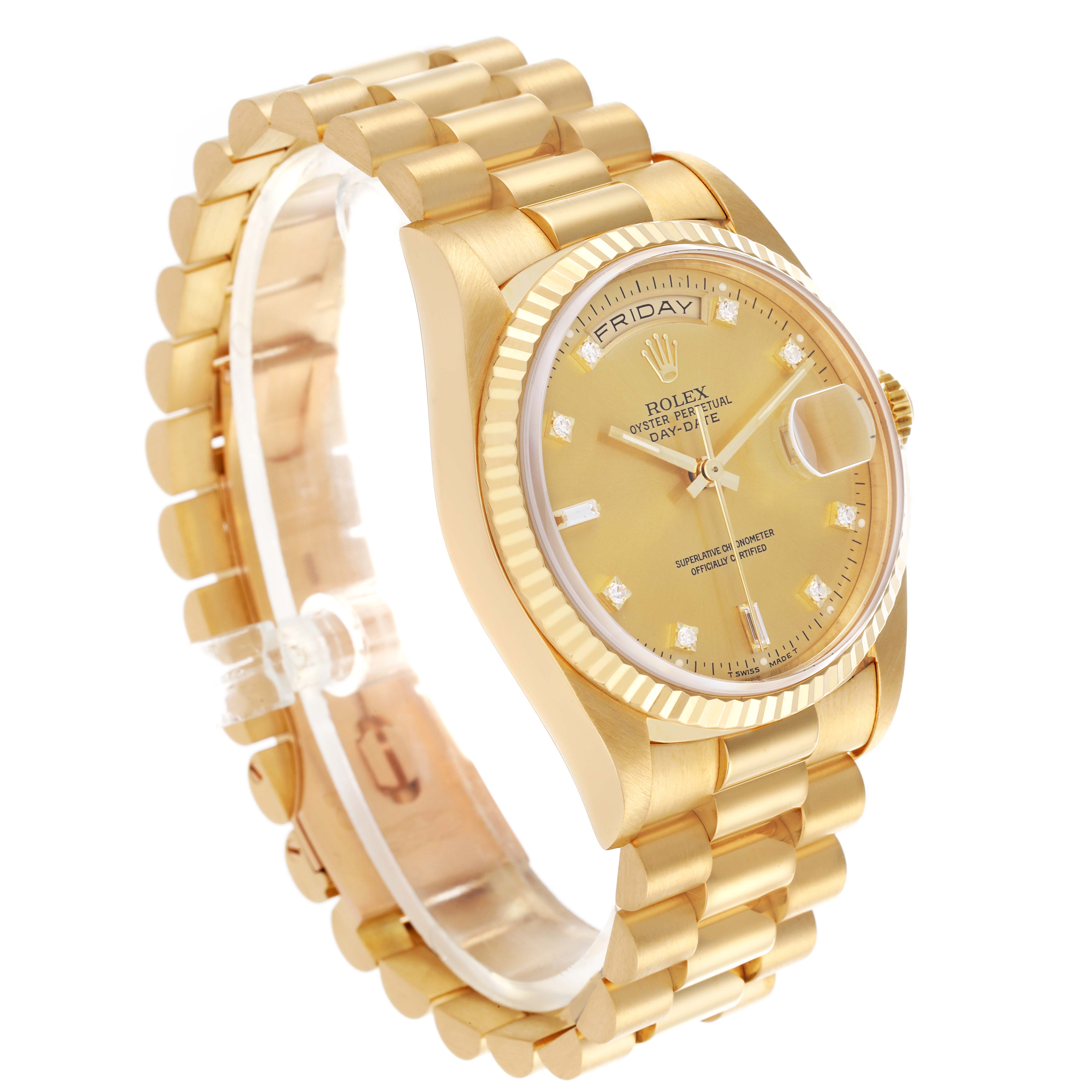 The Rolex President 18238 Men's Yellow Gold Champagne Dial 18238 Men's Yellow Gold Champagne Dial model watch is shown at a slight angle highlighting the face, bezel, bracelet, and crown.