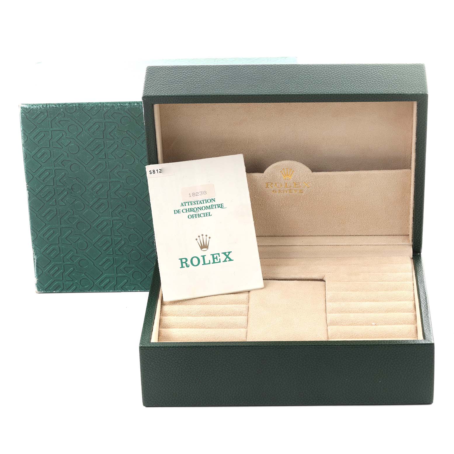 The image shows a Rolex President 18238 Men's Yellow Gold Champagne Dial 18238 Men's Yellow Gold Champagne Dial watch box, open and positioned to display the certificate and interior compartments.