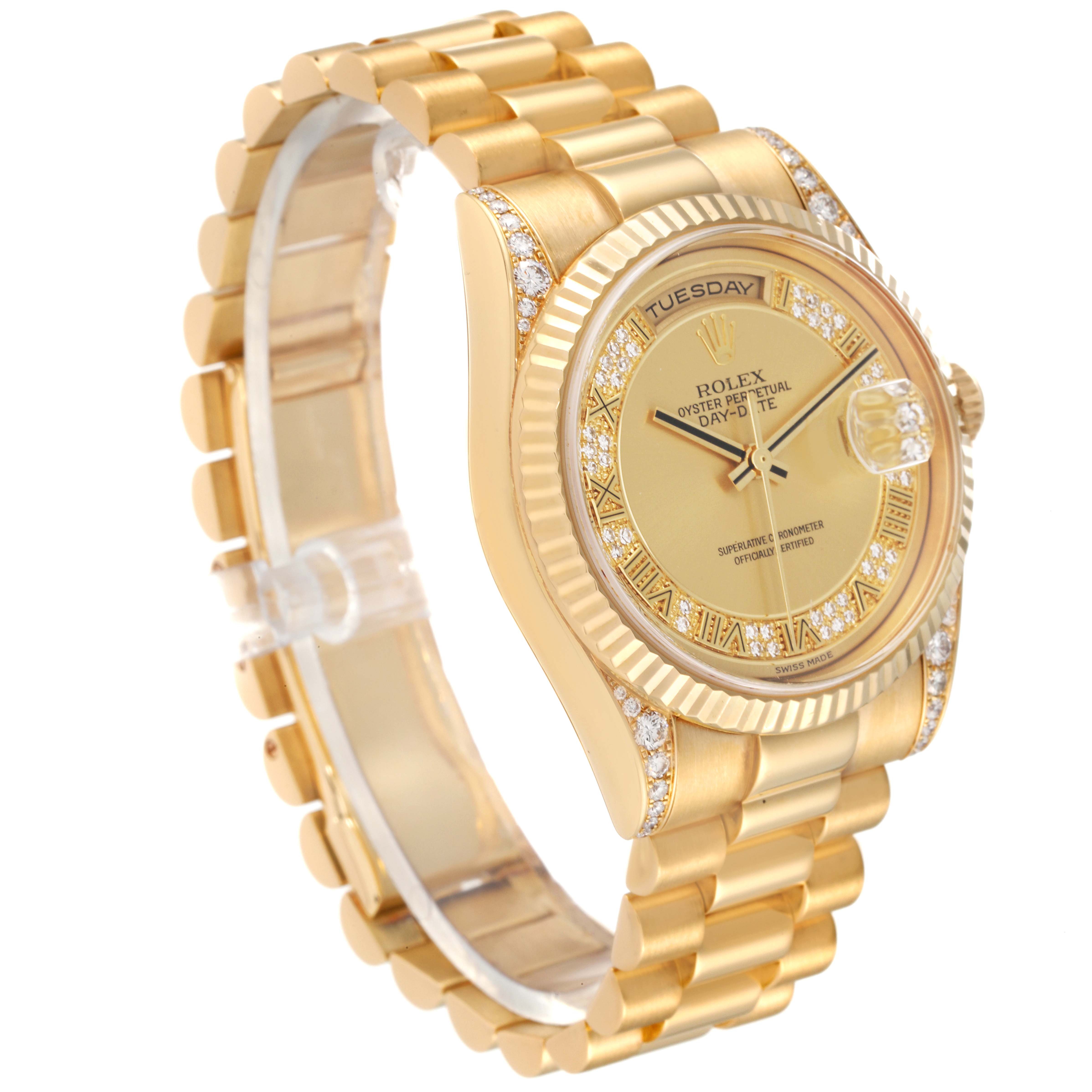 The image shows a side angle view of a gold Rolex President 118338 Men
s Yellow Gold  118338 Men
s Yellow Gold  watch, highlighting the dial, bezel, and bracelet links.